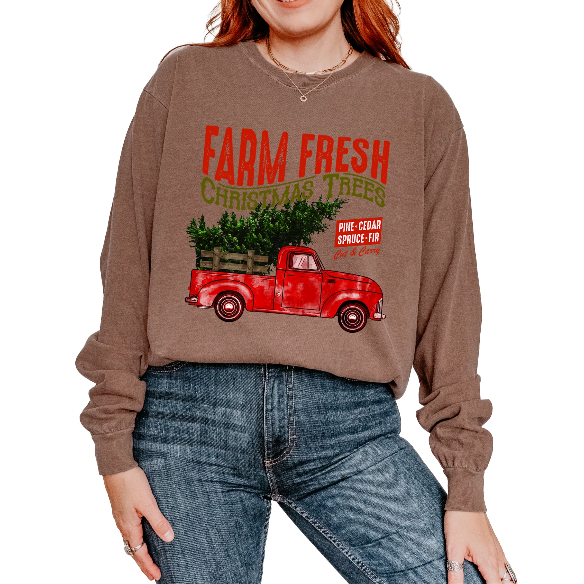 Farm Fresh Christmas Trees Truck - Womens Garment Dyed Long Sleeve