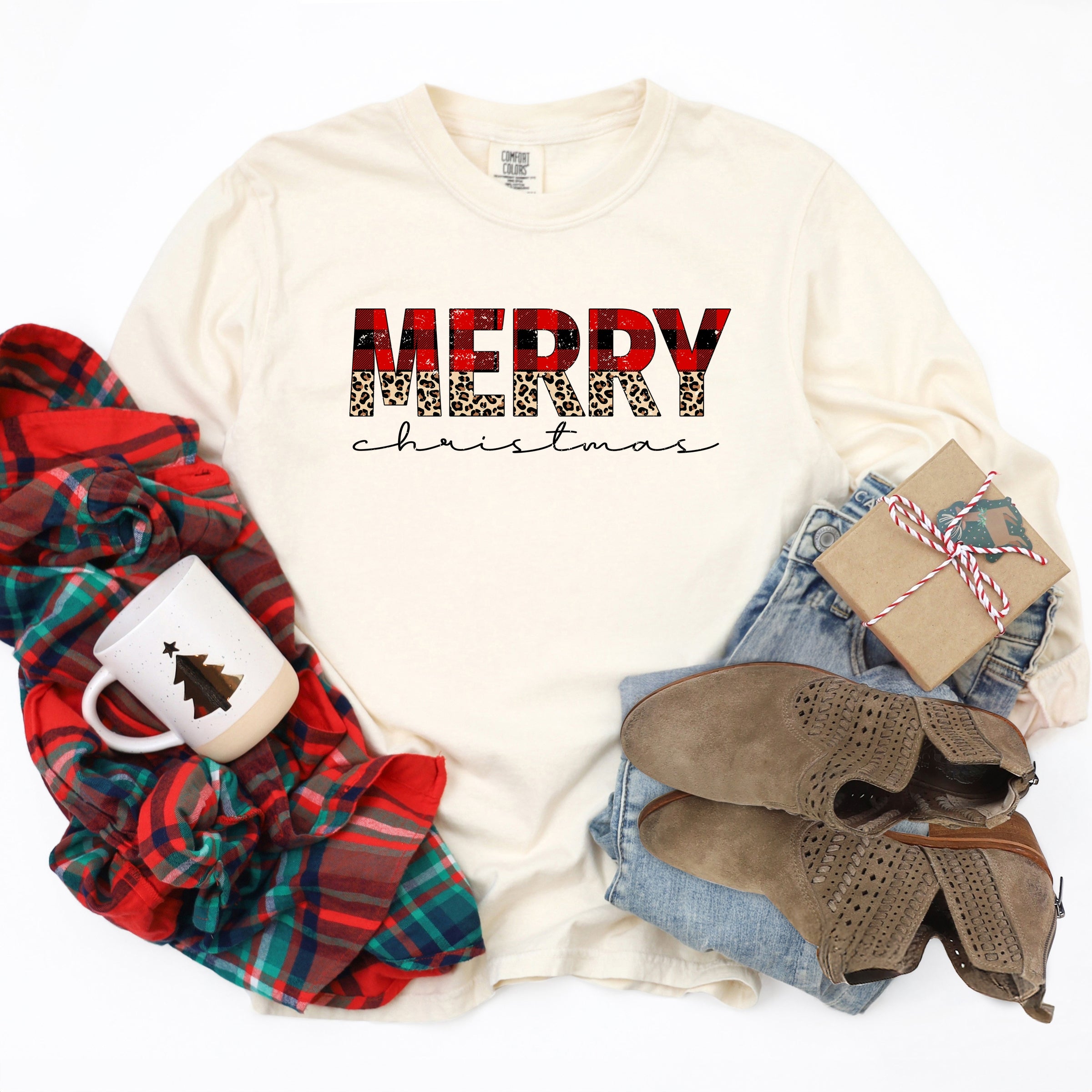 Buffalo Plaid Merry Christmas - Women's Garment Dyed Long Sleeve Graphic T-Shirt