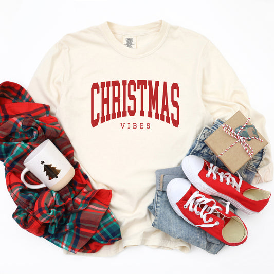 Christmas Vibes Varsity | Garment Dyed Long Sleeve