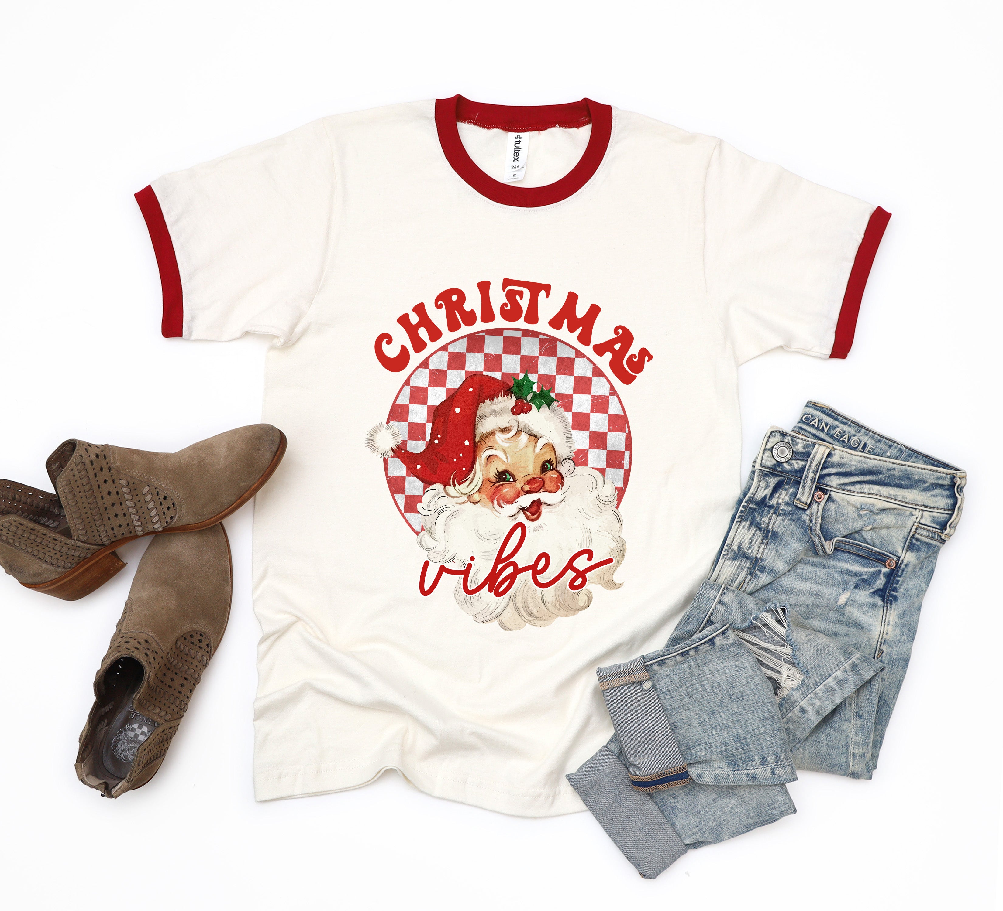 Christmas Vibes Santa Checkered  | Ringer Tee