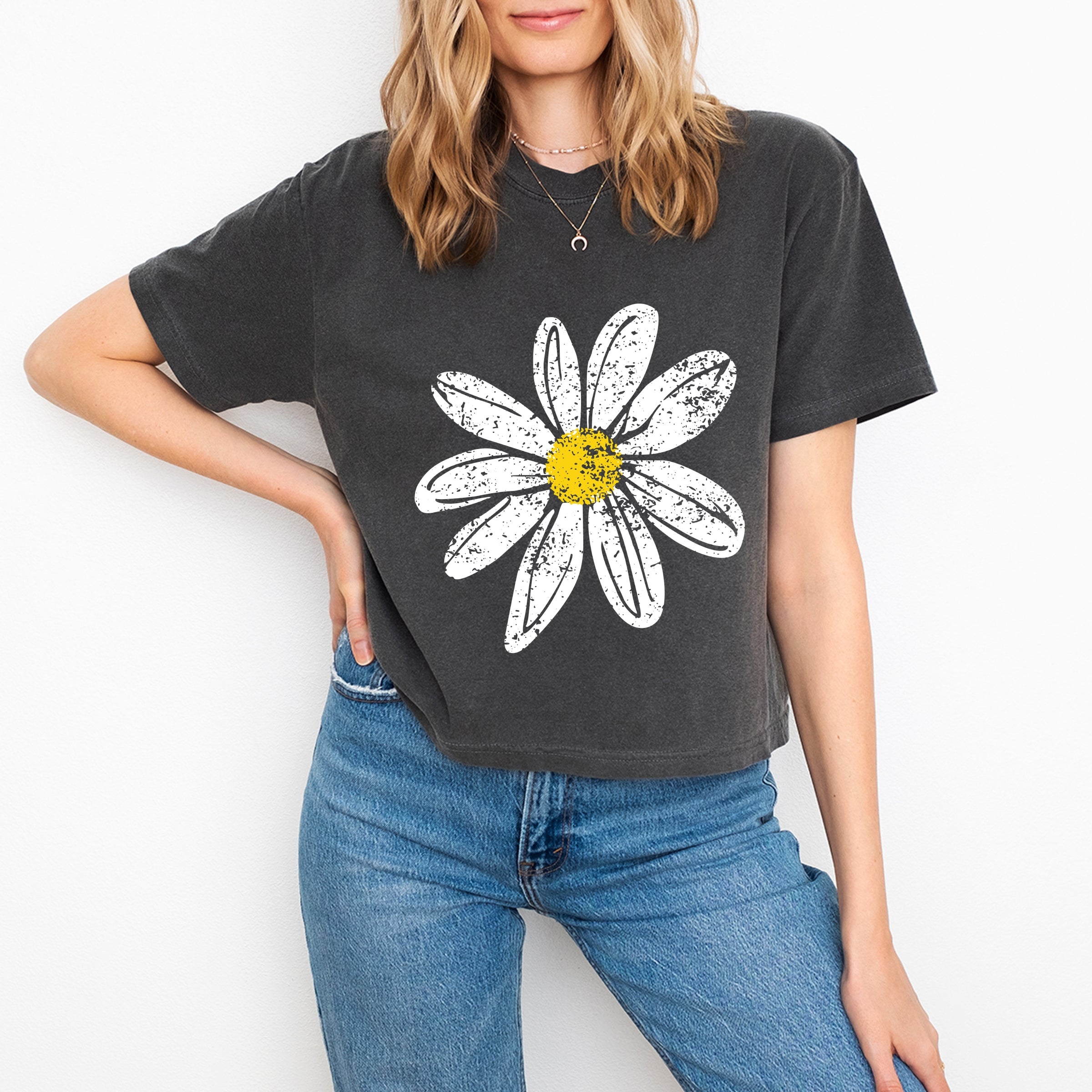 Daisy Distressed - Women's Boxy Crop Top Graphic T-Shirt