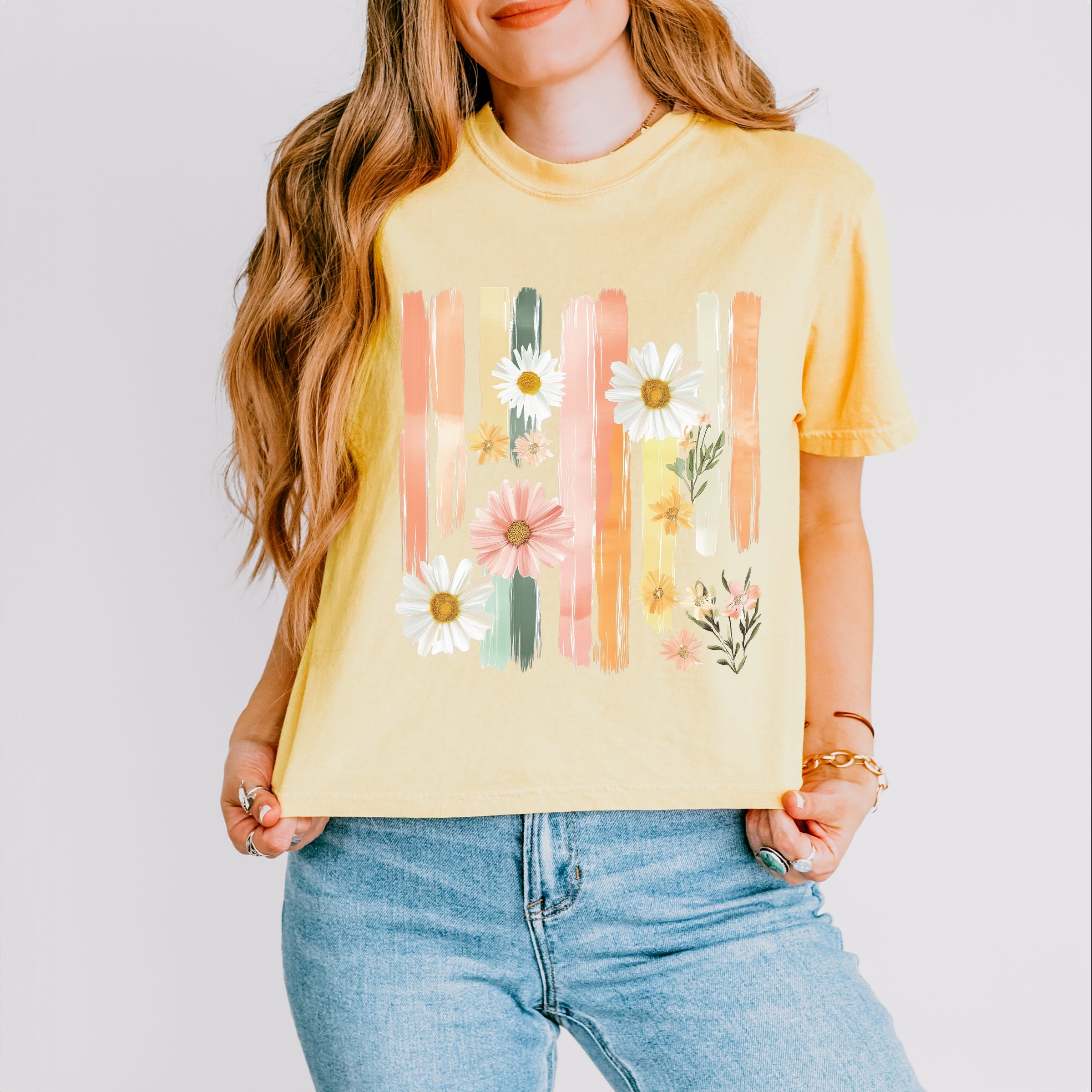 Daisies Stripes Faux Paint - Women's Boxy Crop Top Graphic T-Shirt