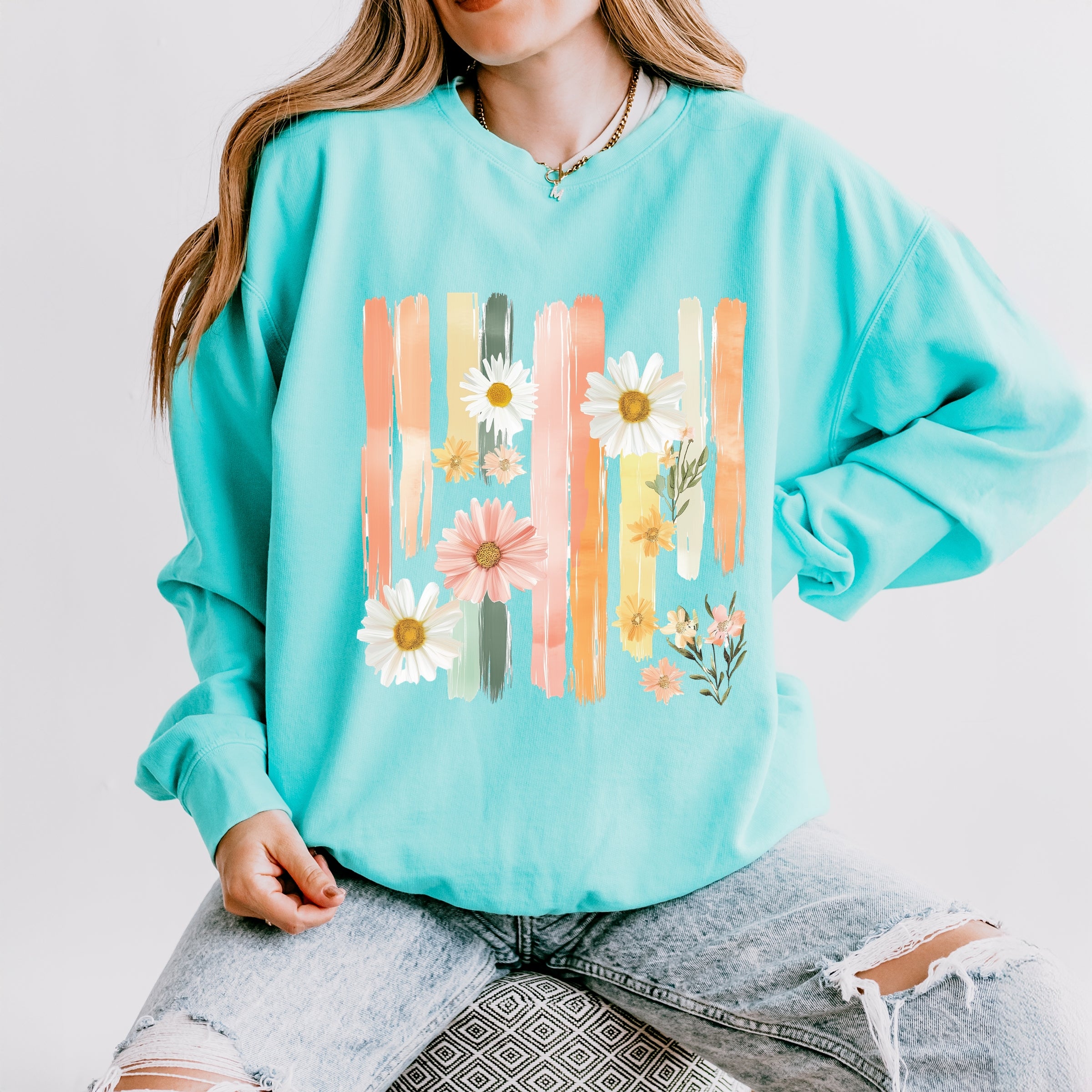 Daisies Stripes Faux Paint - Women's Lightweight Garment Dyed Sweatshirt