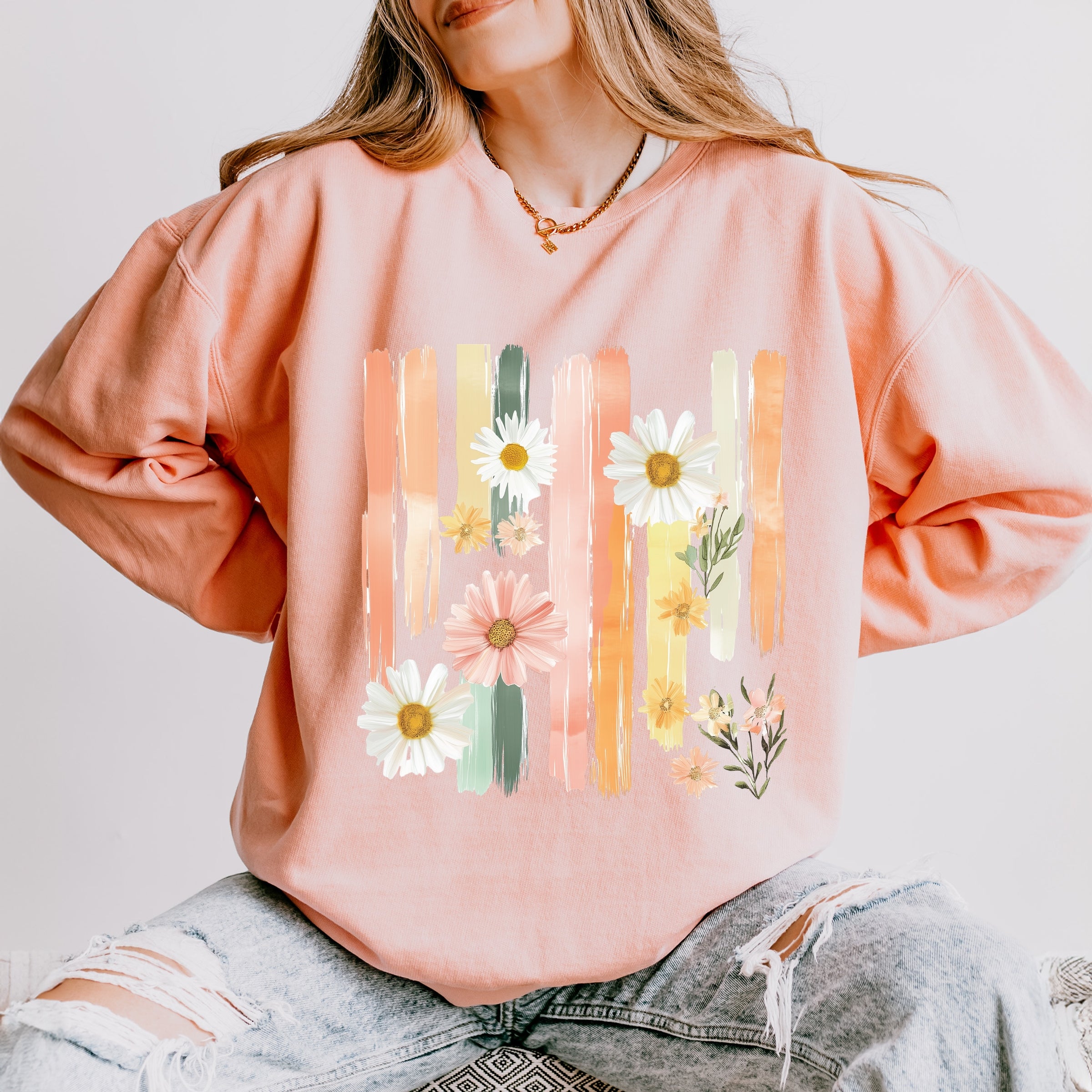 Daisies Stripes Faux Paint - Women's Lightweight Garment Dyed Sweatshirt