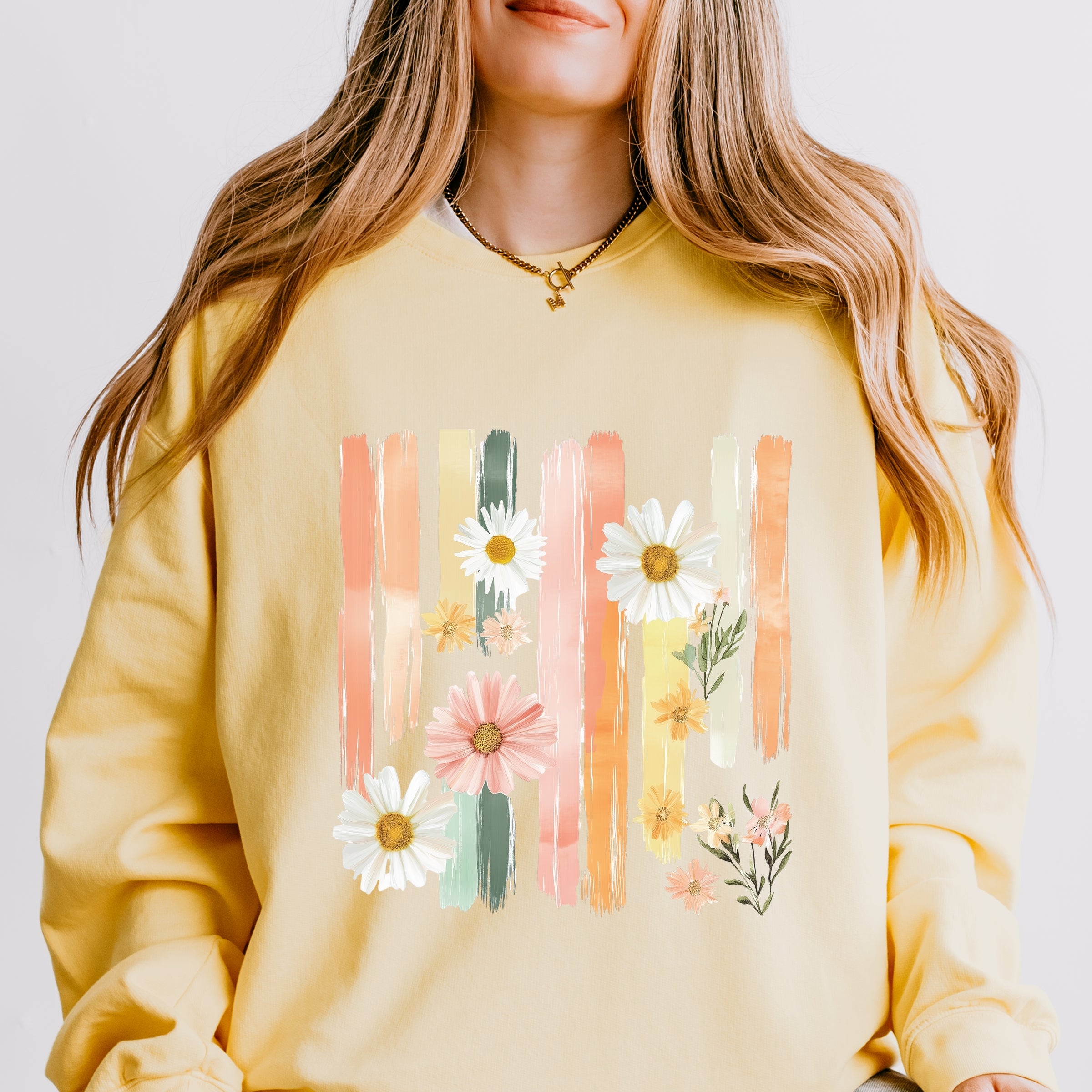 Daisies Stripes Faux Paint - Women's Lightweight Garment Dyed Sweatshirt