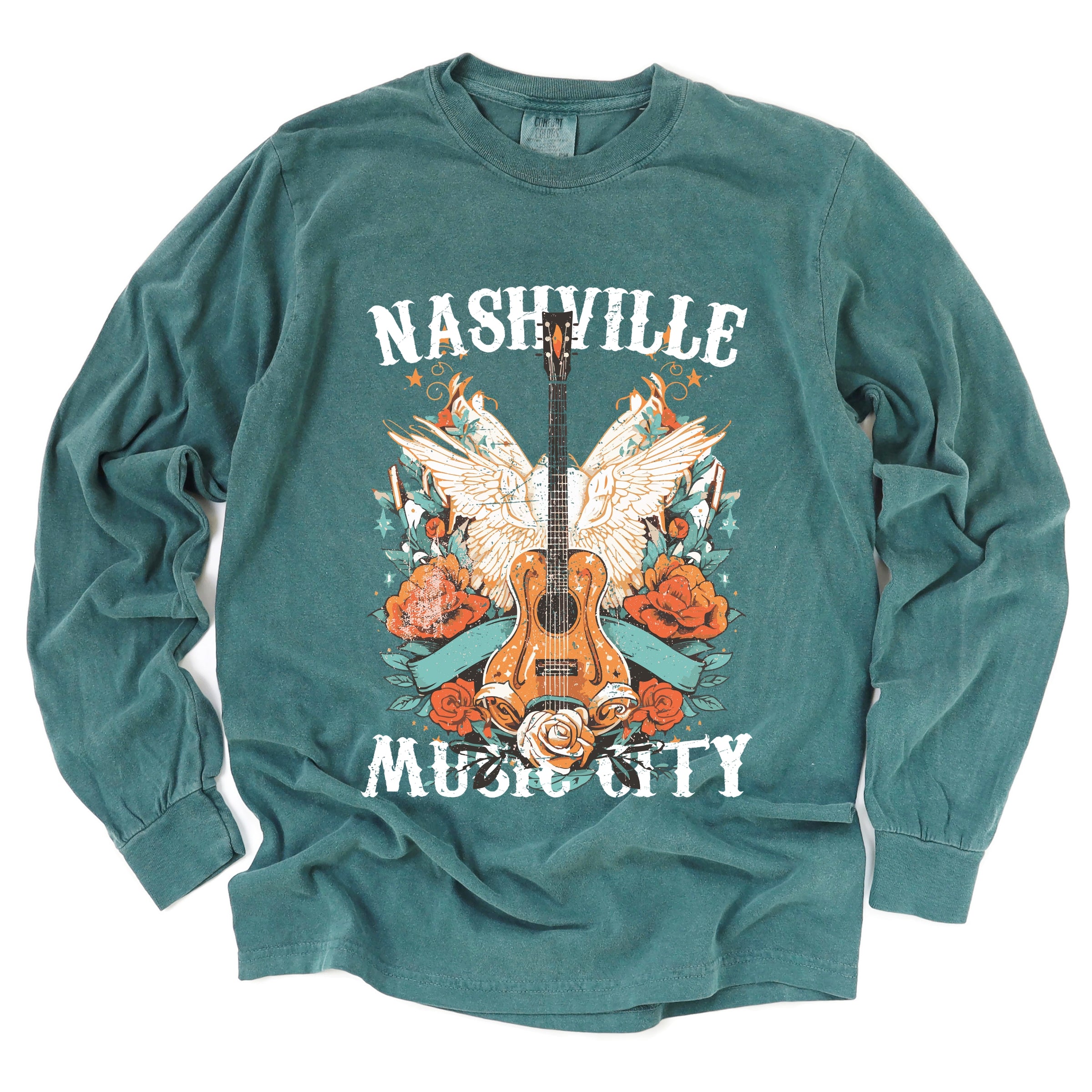 Nashville Music City Guitar Grunge - Womens Garment Dyed Long Sleeve