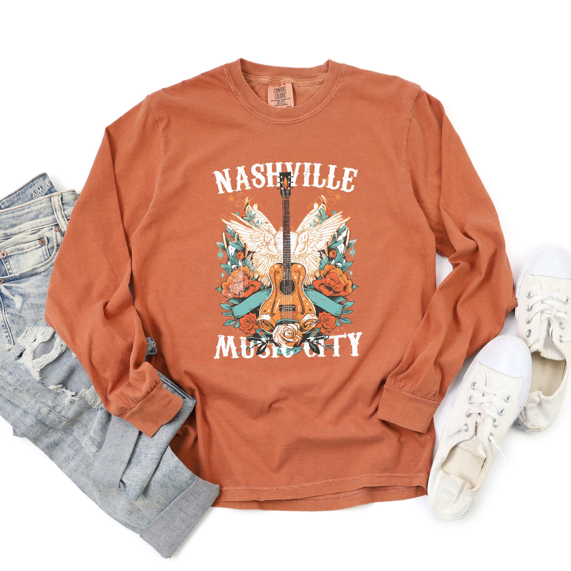 Nashville Music City Guitar Grunge - Womens Garment Dyed Long Sleeve