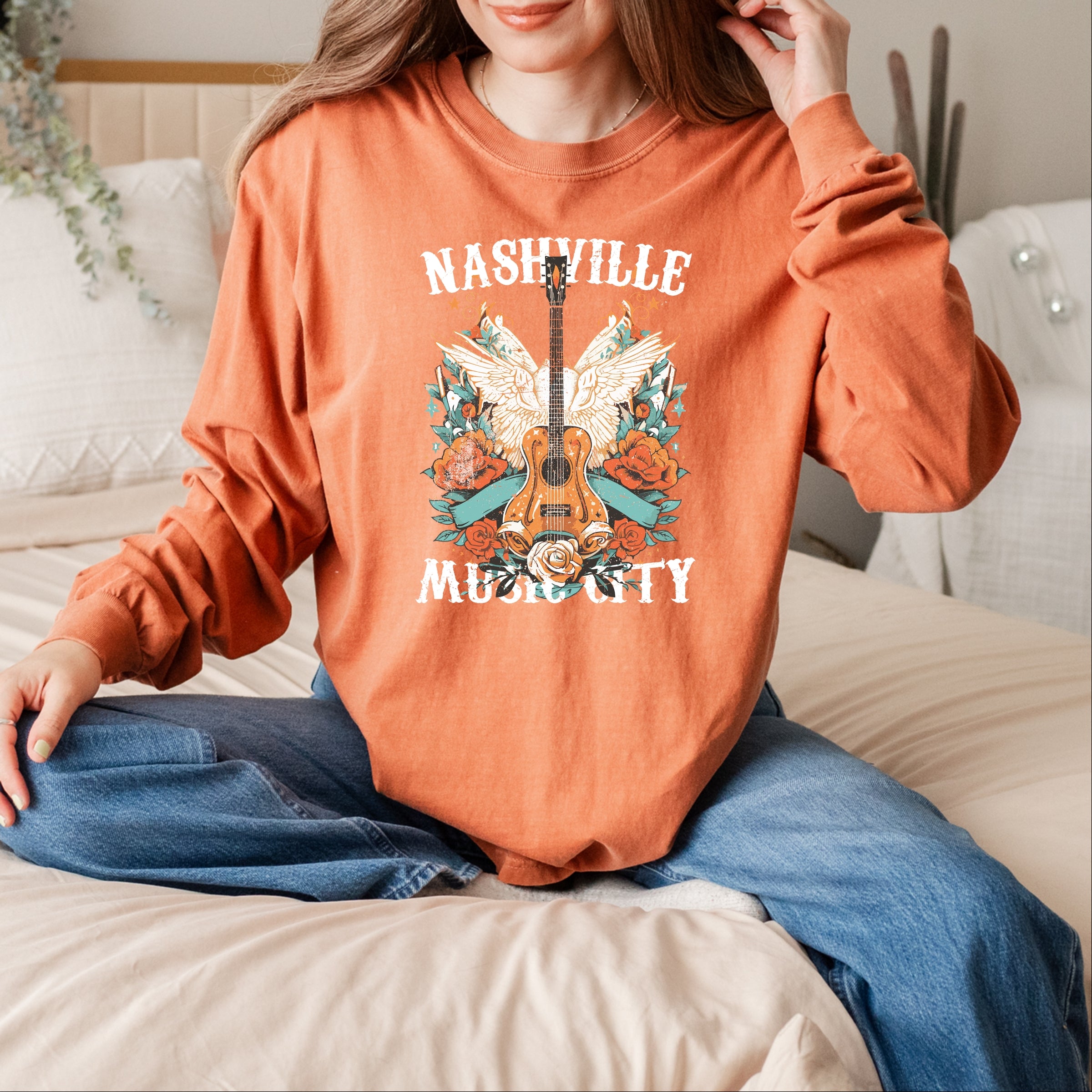 Nashville Music City Guitar Grunge - Womens Garment Dyed Long Sleeve