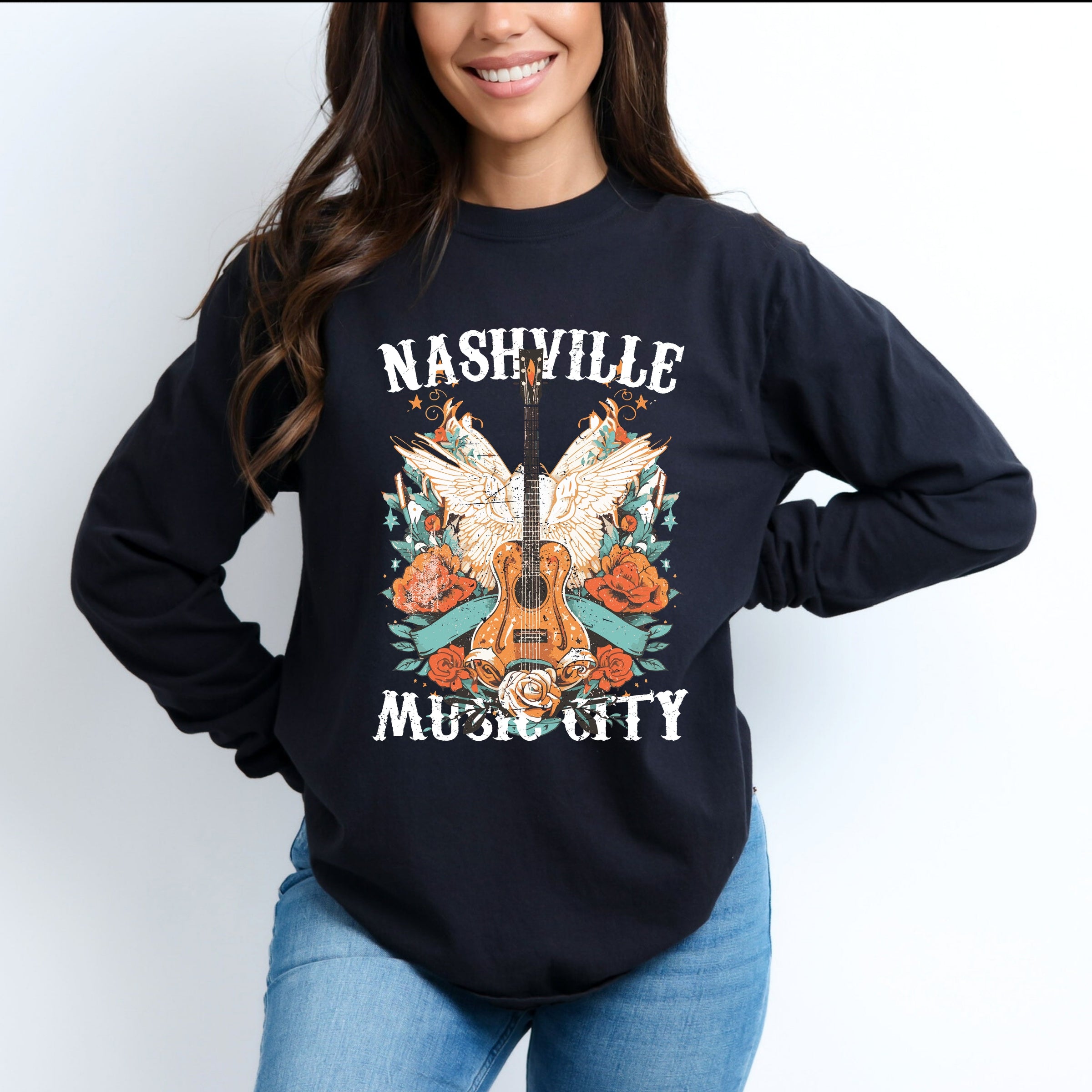 Nashville Music City Guitar Grunge - Womens Garment Dyed Long Sleeve