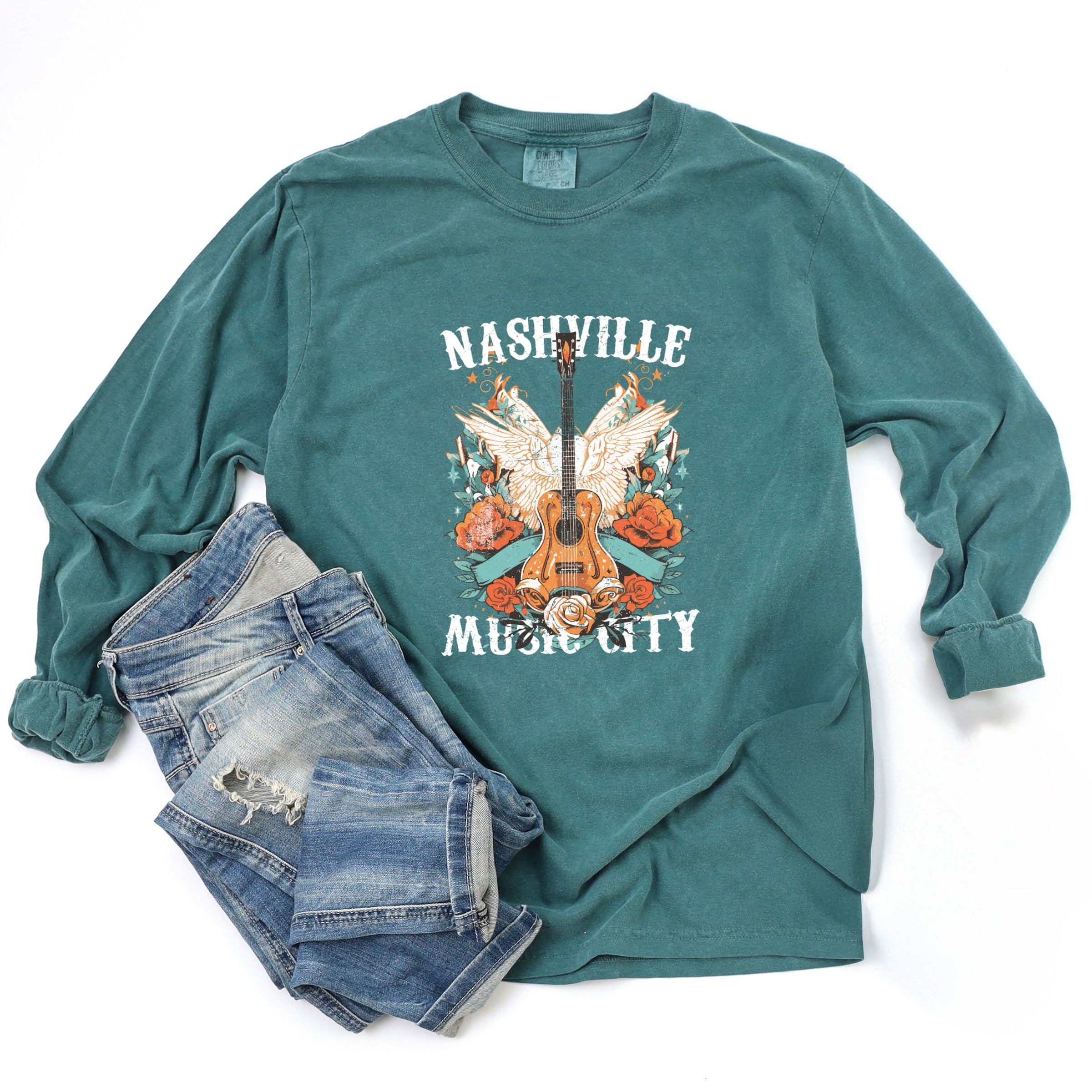 Nashville Music City Guitar Grunge - Womens Garment Dyed Long Sleeve