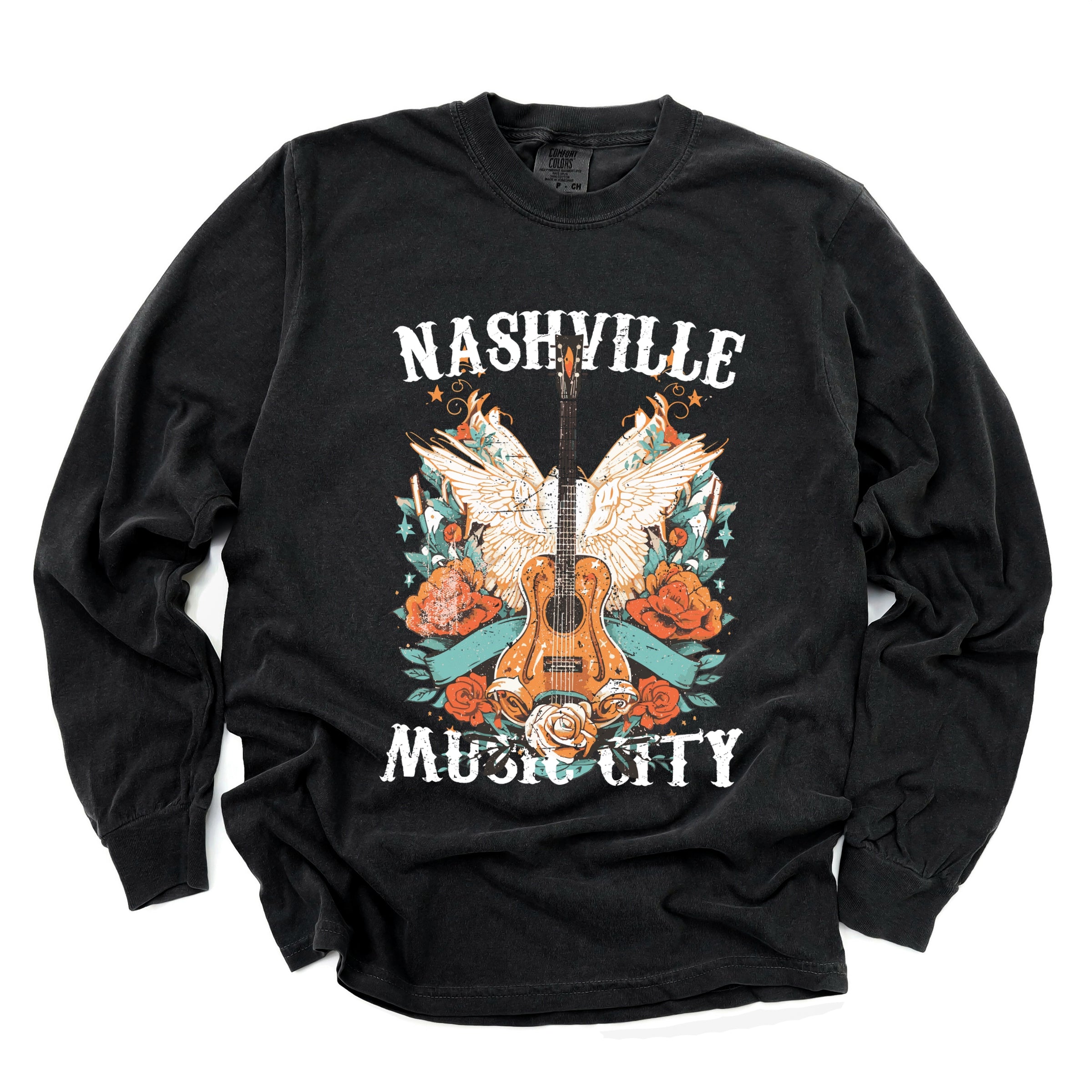 Nashville Music City Guitar Grunge - Womens Garment Dyed Long Sleeve