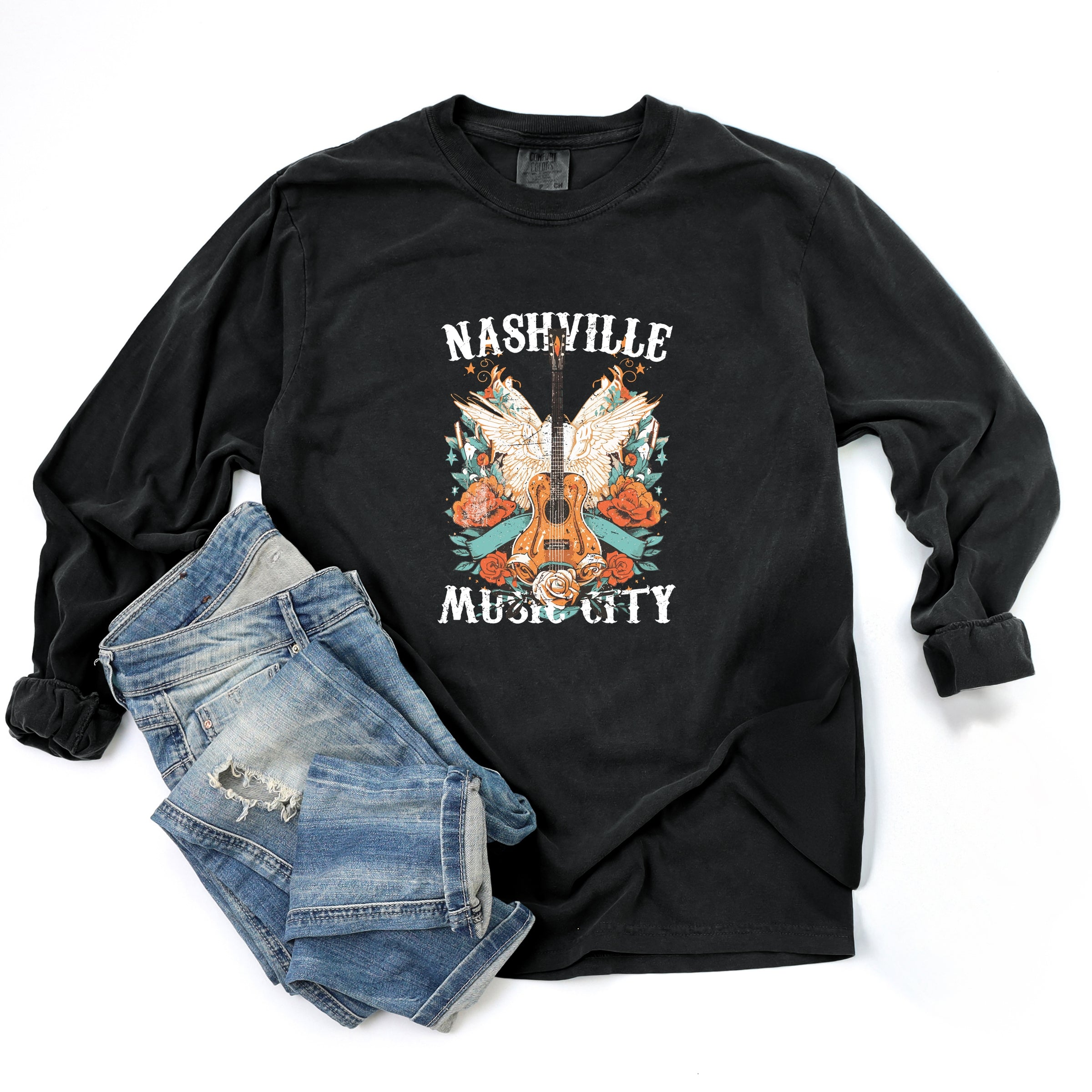 Nashville Music City Guitar Grunge - Womens Garment Dyed Long Sleeve