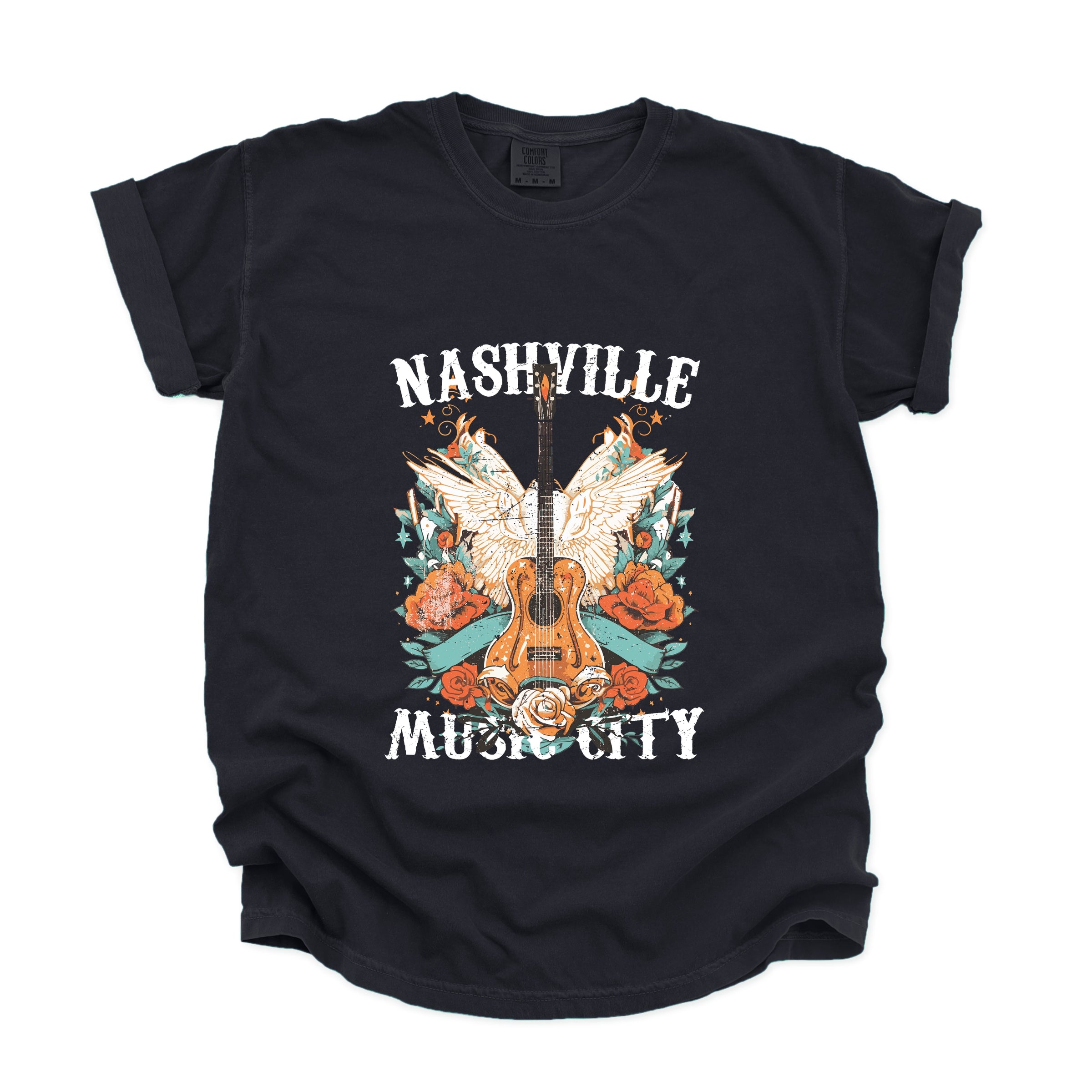 Nashville Music City Guitar Grunge - Womens Garment Dyed Tee