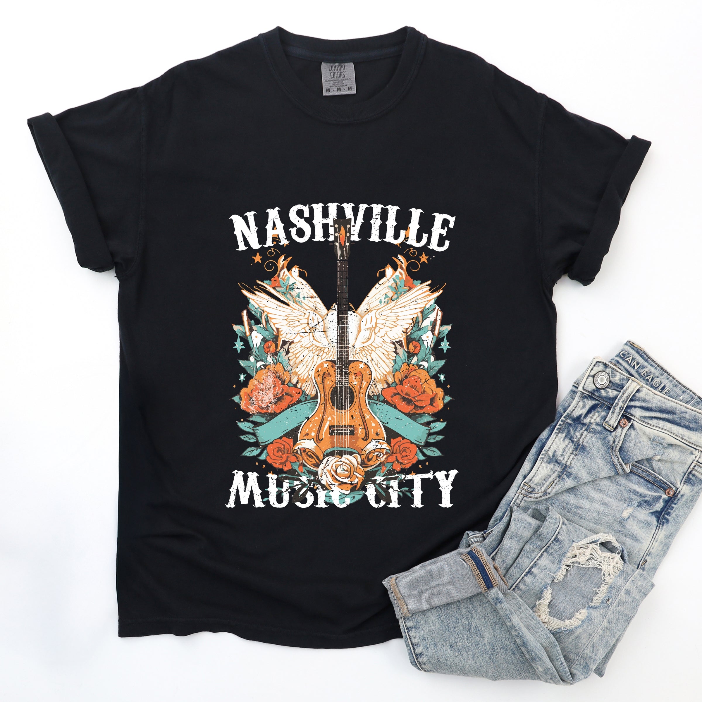 Nashville Music City Guitar Grunge - Womens Garment Dyed Tee