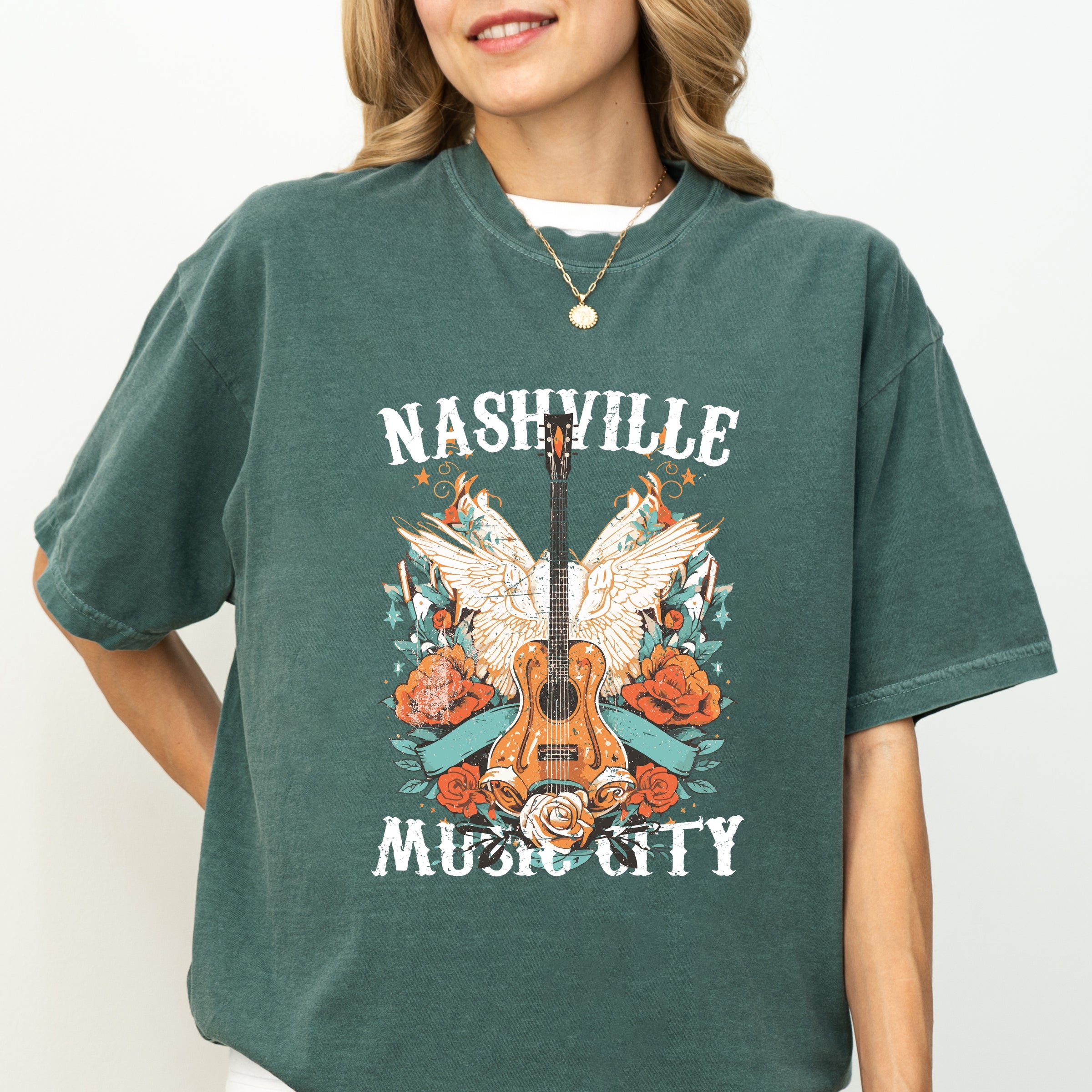Nashville Music City Guitar Grunge - Womens Garment Dyed Tee
