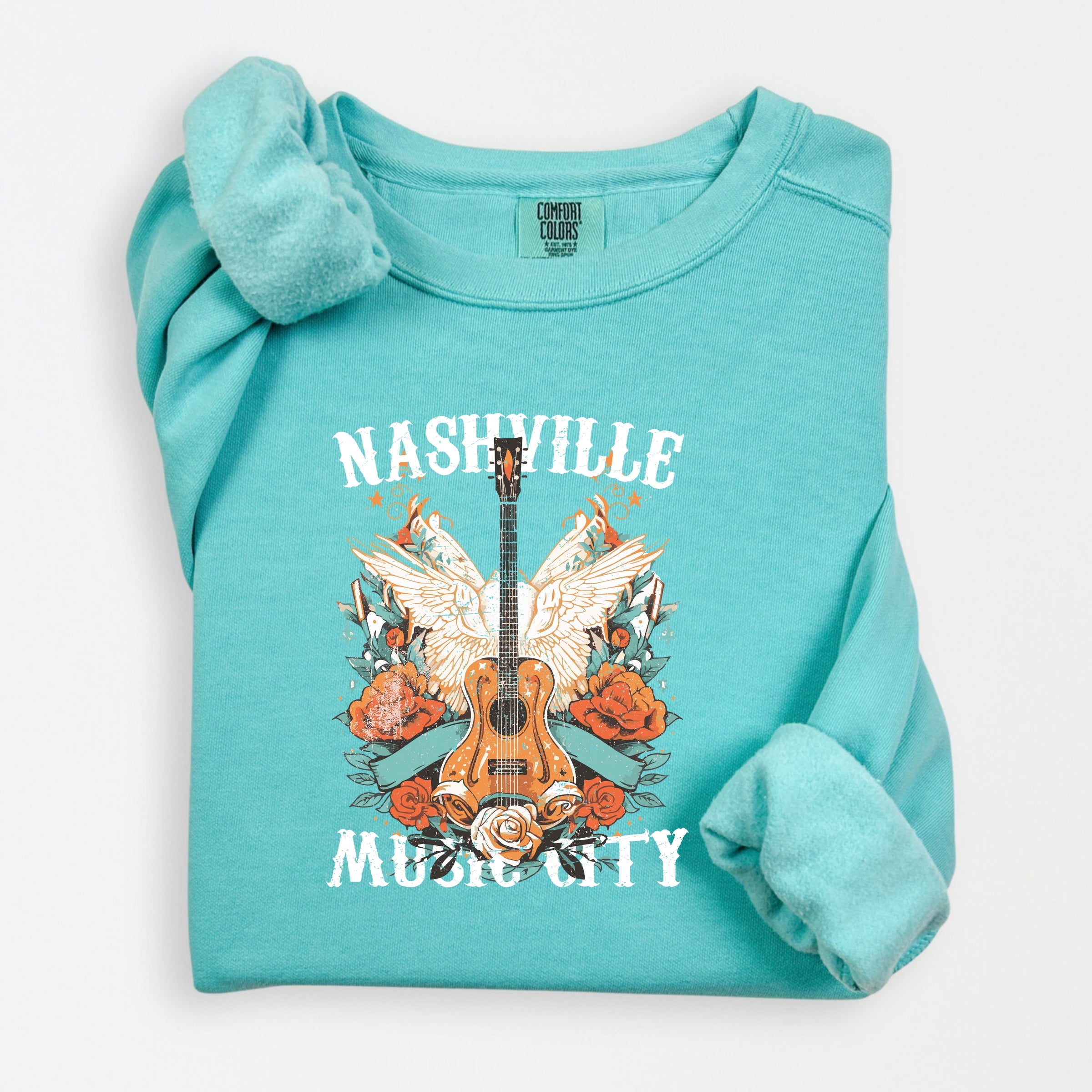 Nashville Music City Guitar Grunge - Womens Lightweight Garment Dyed Sweatshirt