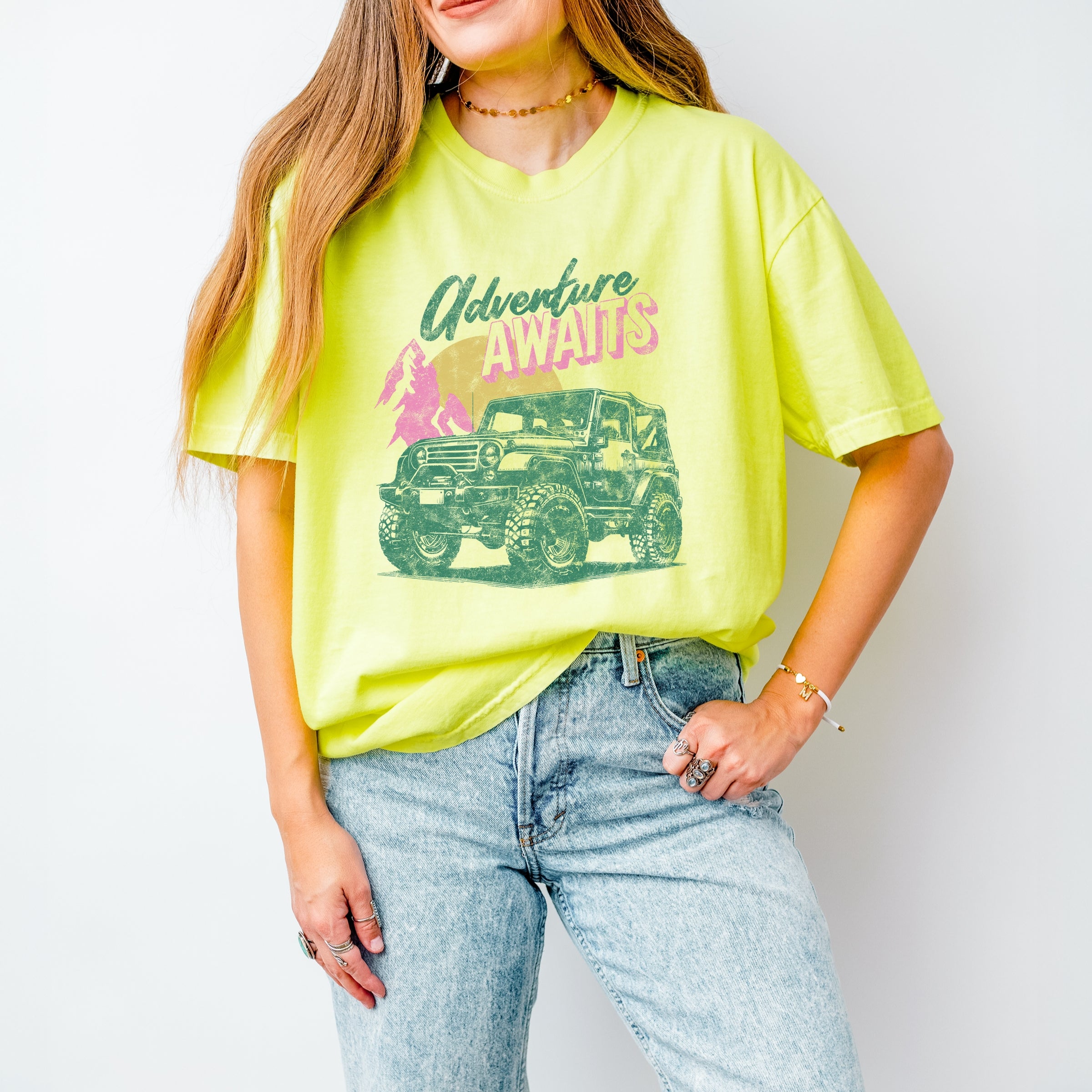 Adventure Awaits Jeep - Women's Garment Dyed Graphic T-Shirt