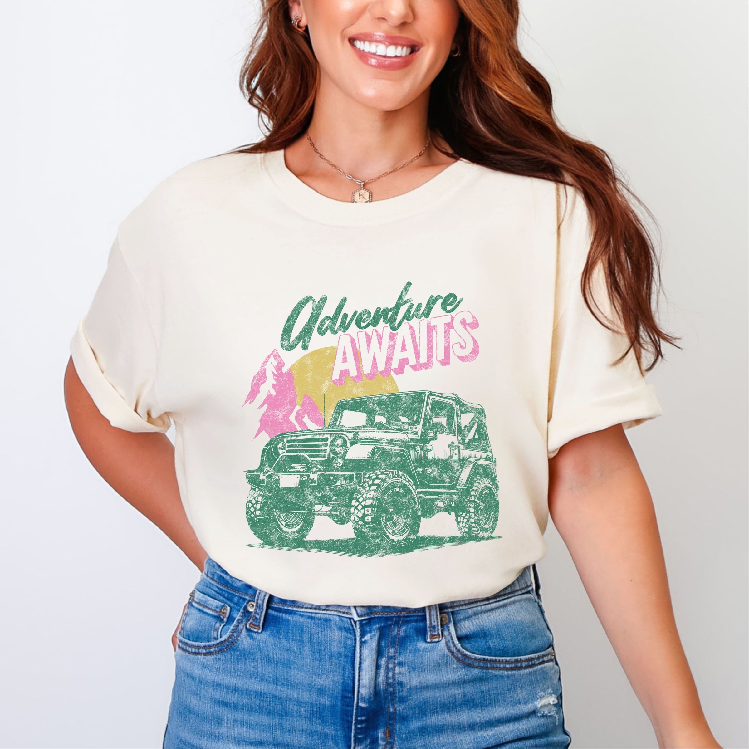 Adventure Awaits Jeep - Women's Garment Dyed Graphic T-Shirt