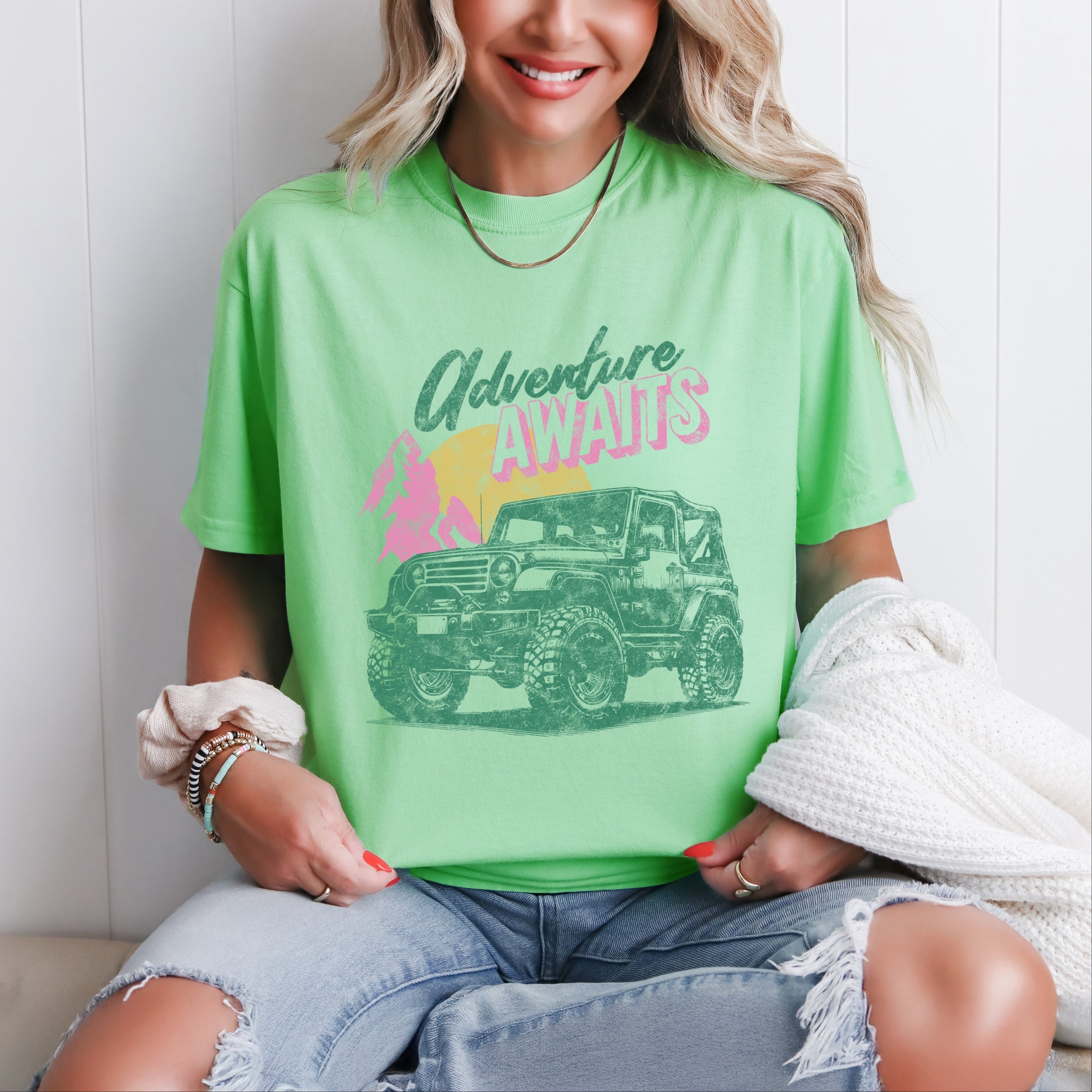 Adventure Awaits Jeep - Women's Garment Dyed Graphic T-Shirt