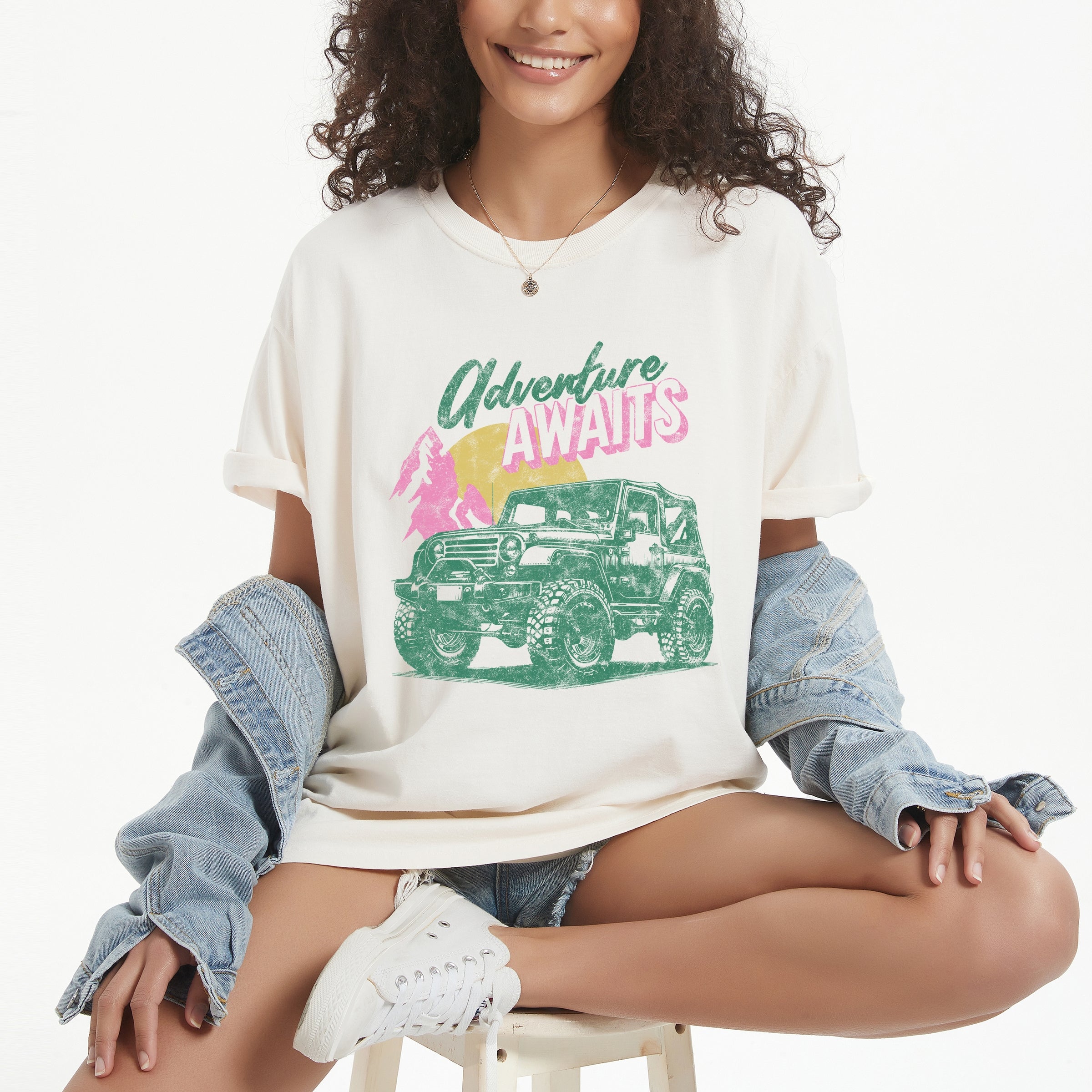 Adventure Awaits Jeep - Women's Garment Dyed Graphic T-Shirt