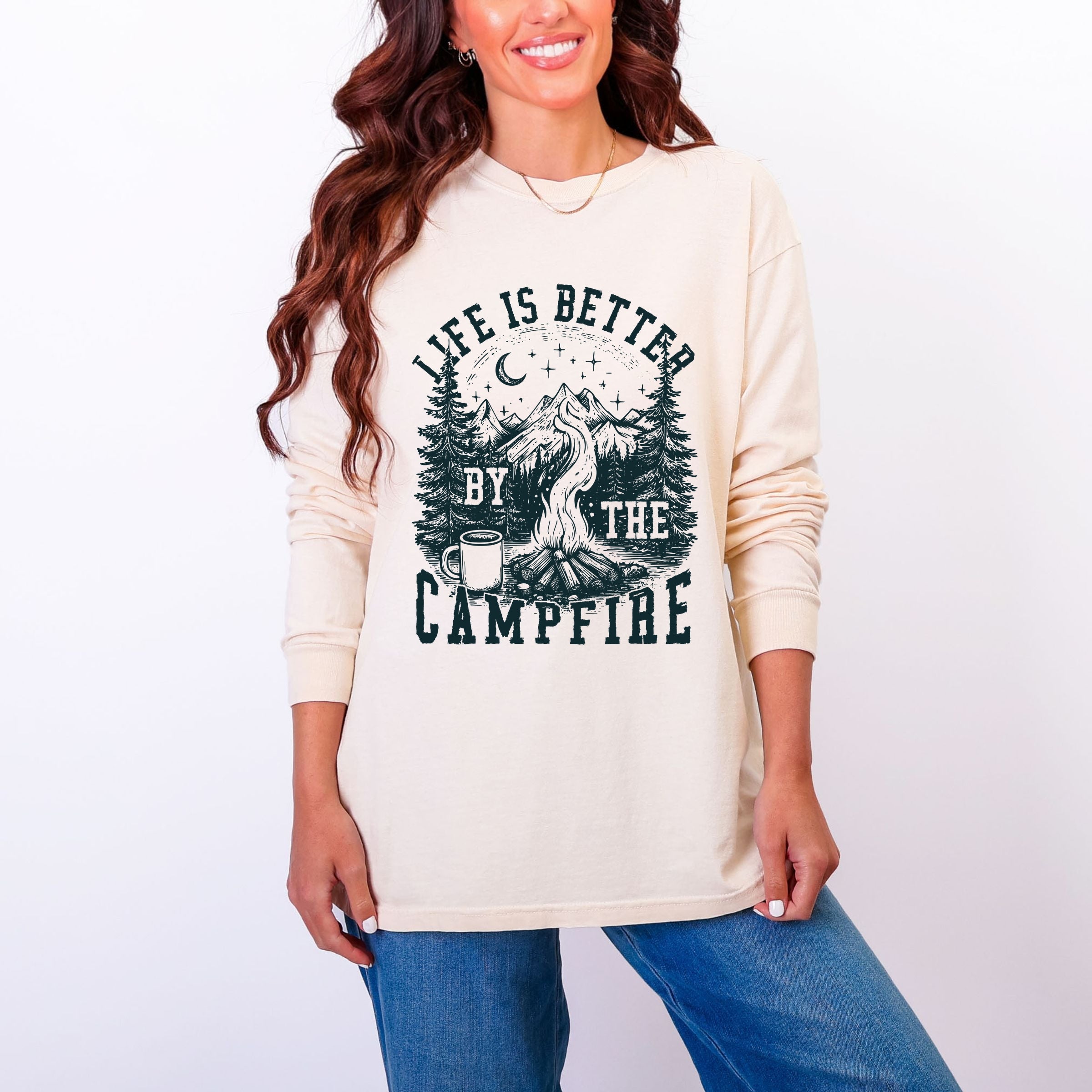 Life is Better by the Campfire Forest - Women's Garment Dyed Long Sleeve Graphic T-Shirt