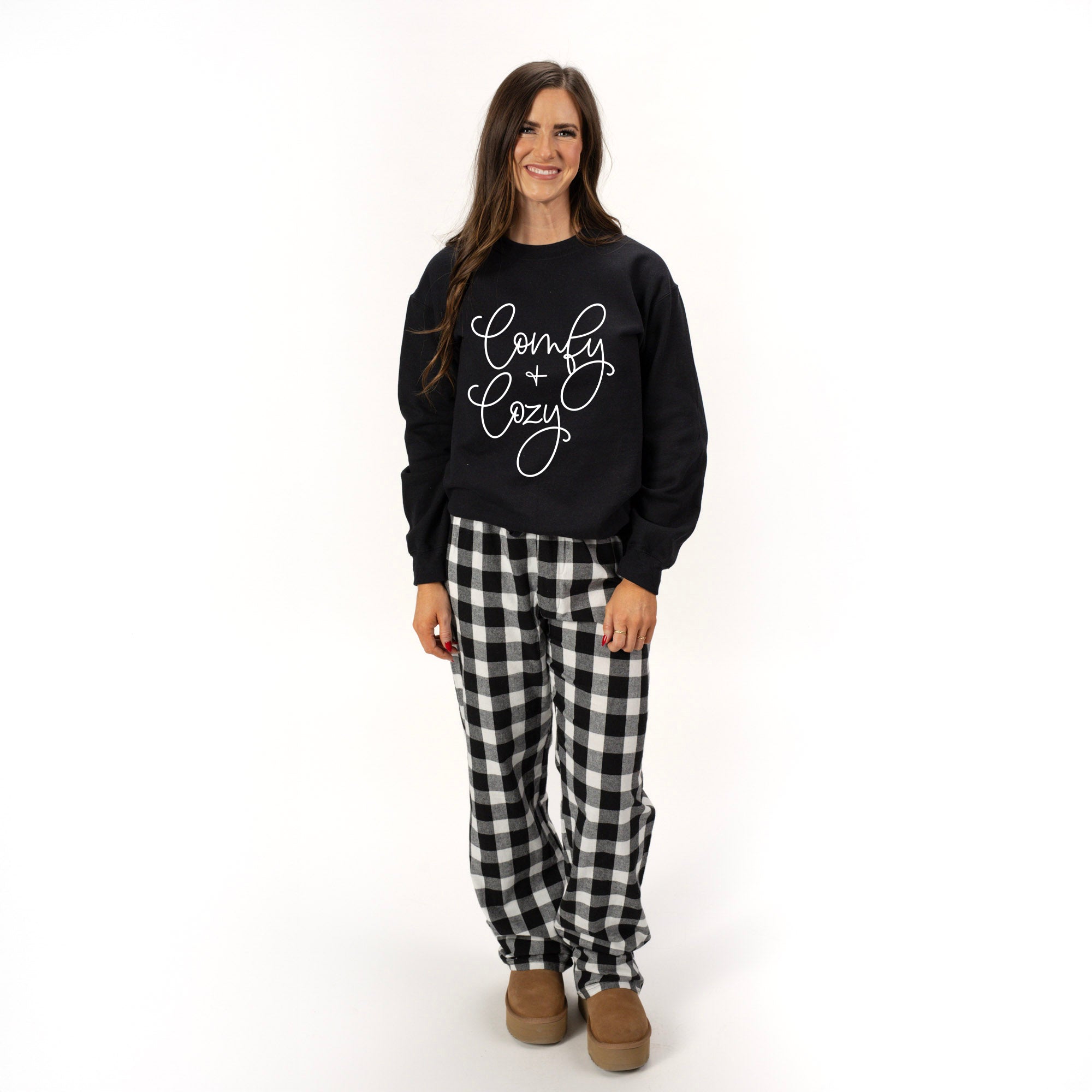 Comfy And Cozy Cursive | Plaid Pajama Sweatshirt Set