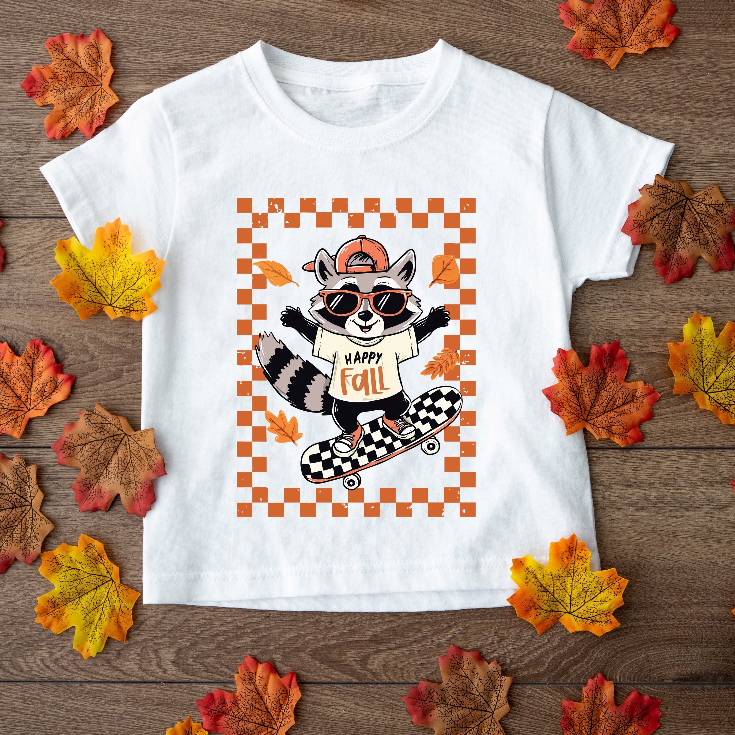 Happy Fall Racoon Skater - Youth Short Sleeve Graphic T-Shirt and Toddler Short Sleeve Graphic T-Shirt