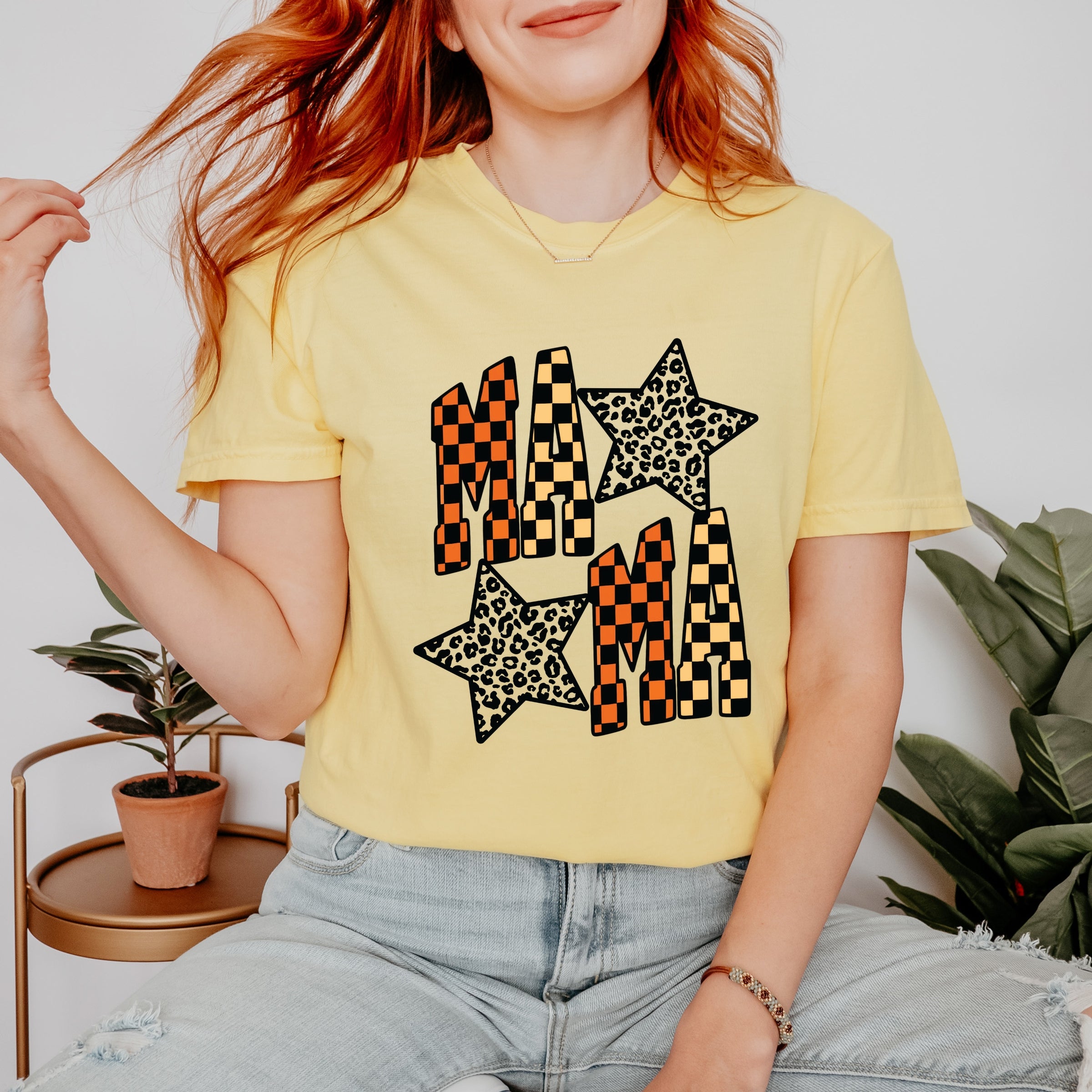 Checkered Mama Leopard Stars - Womens Garment Dyed Tee