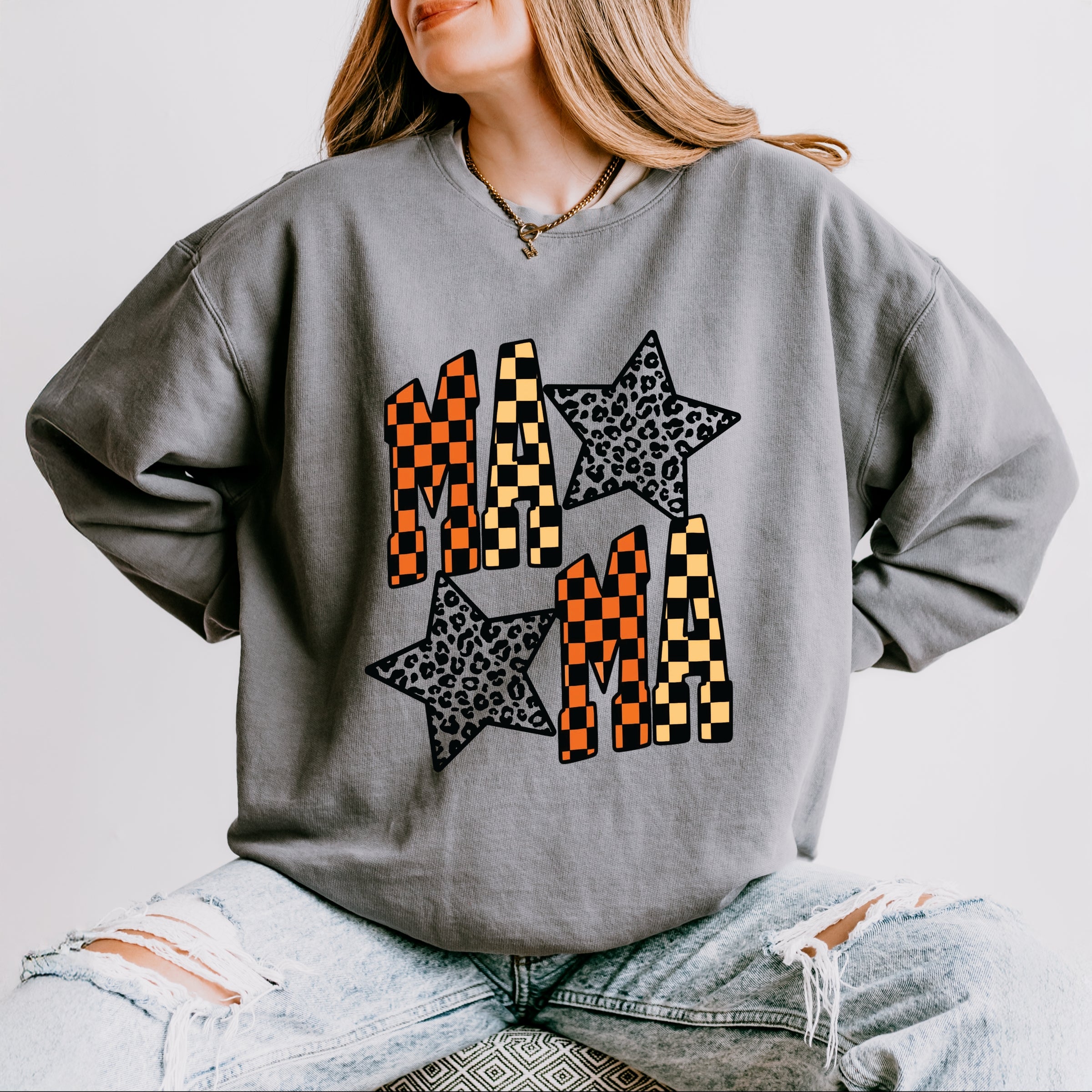 Checkered Mama Leopard Stars - Womens Lightweight Garment Dyed Sweatshirt