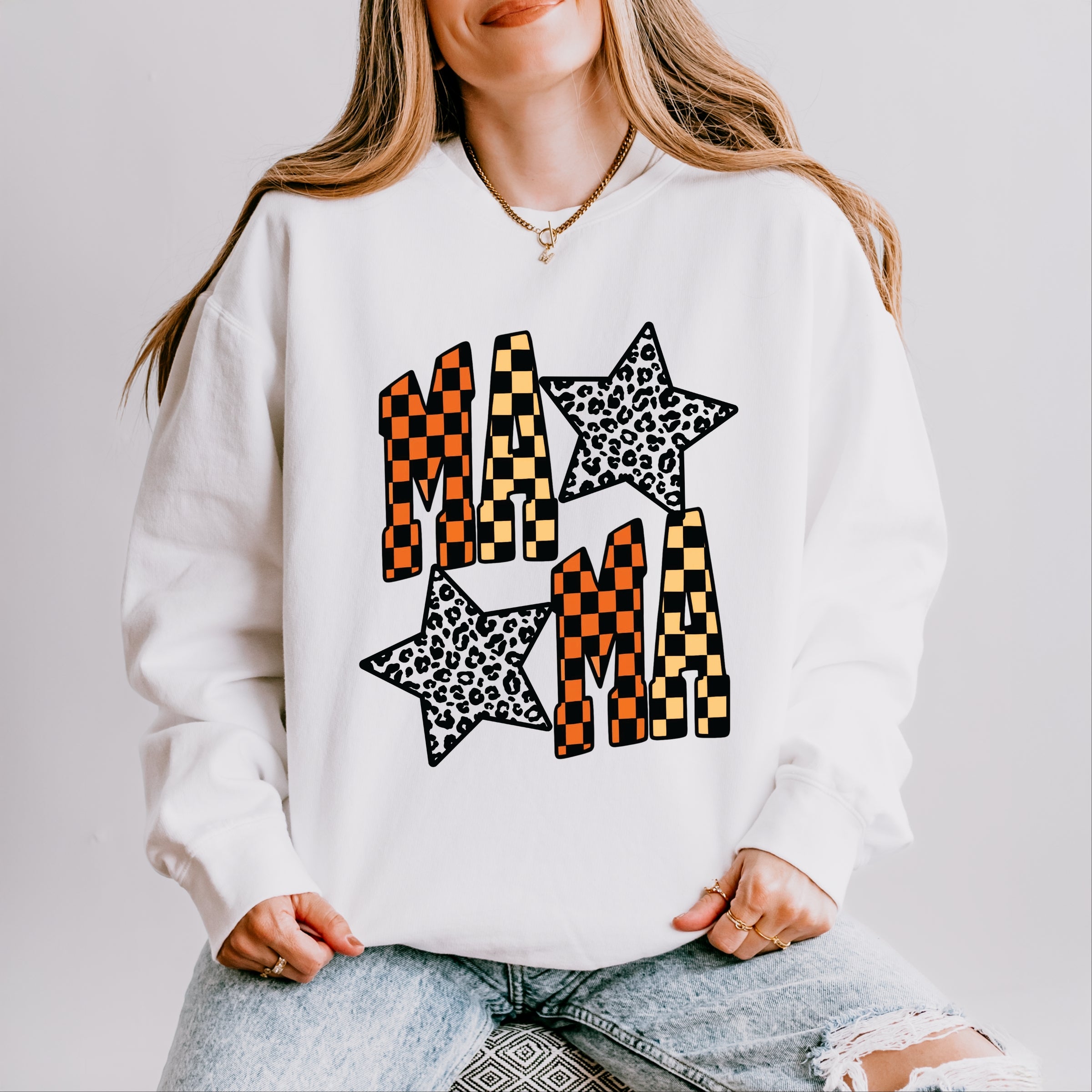 Checkered Mama Leopard Stars - Womens Lightweight Garment Dyed Sweatshirt