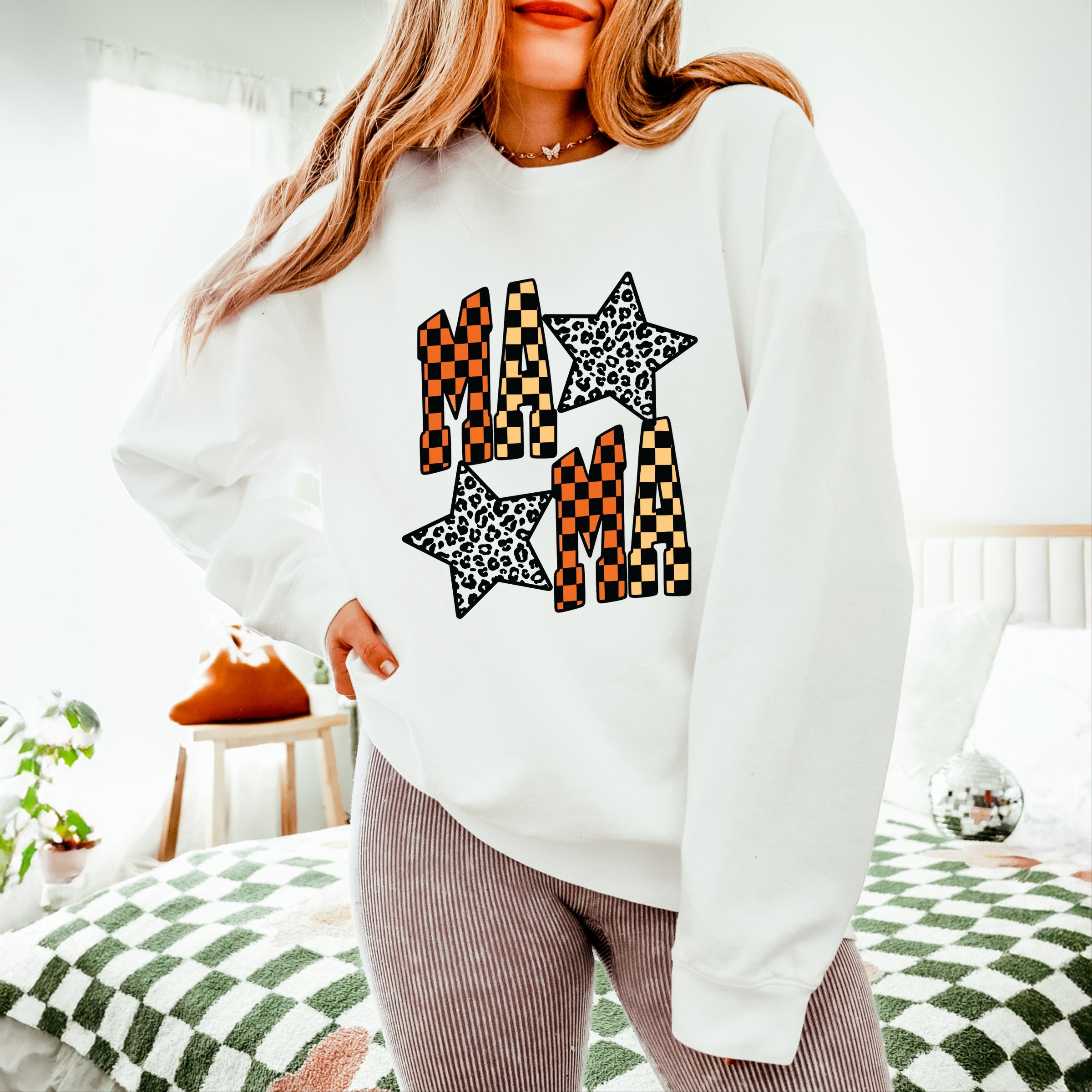 Checkered Mama Leopard Stars - Womens Lightweight Garment Dyed Sweatshirt