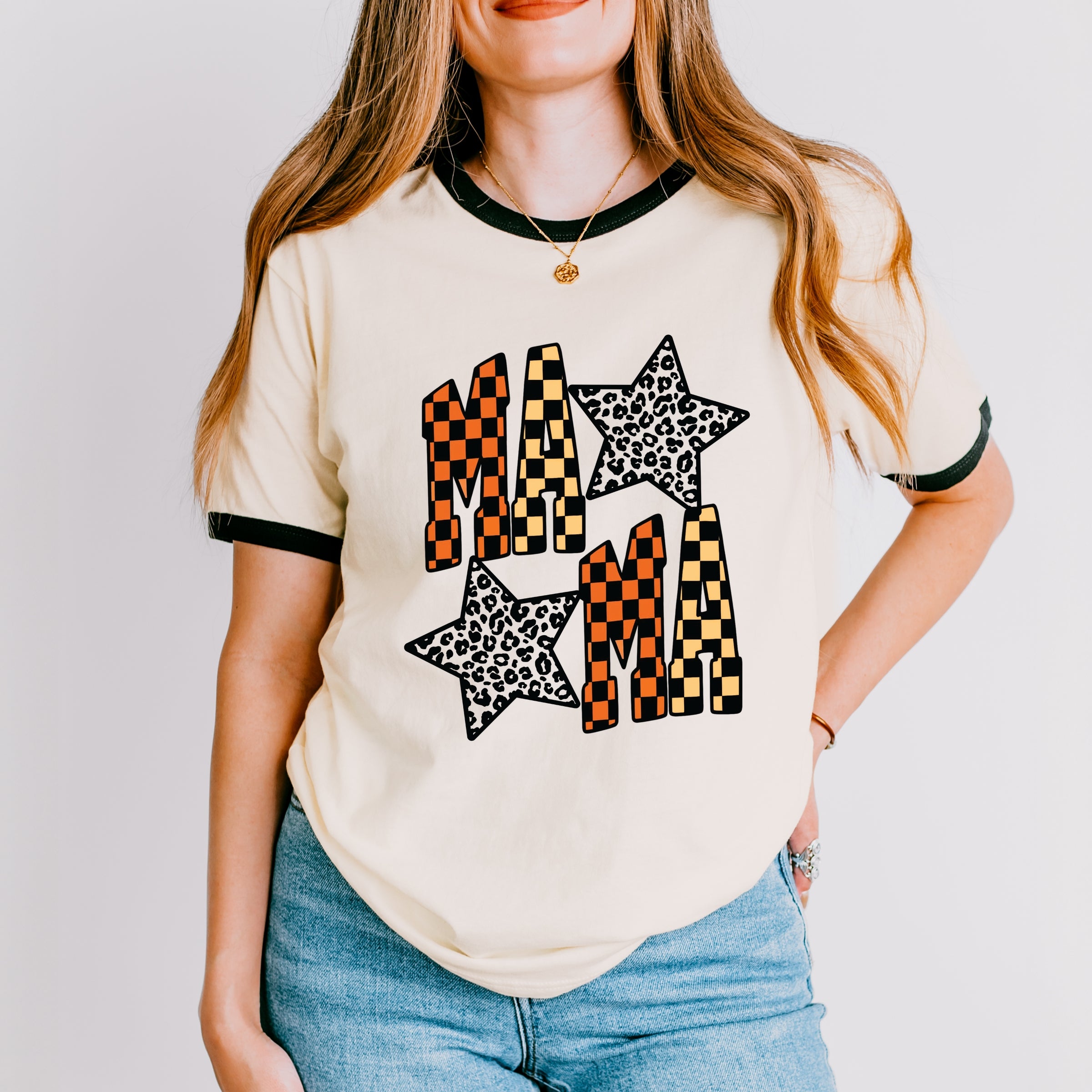 Checkered Mama Leopard Stars - Womens Ringer Tee