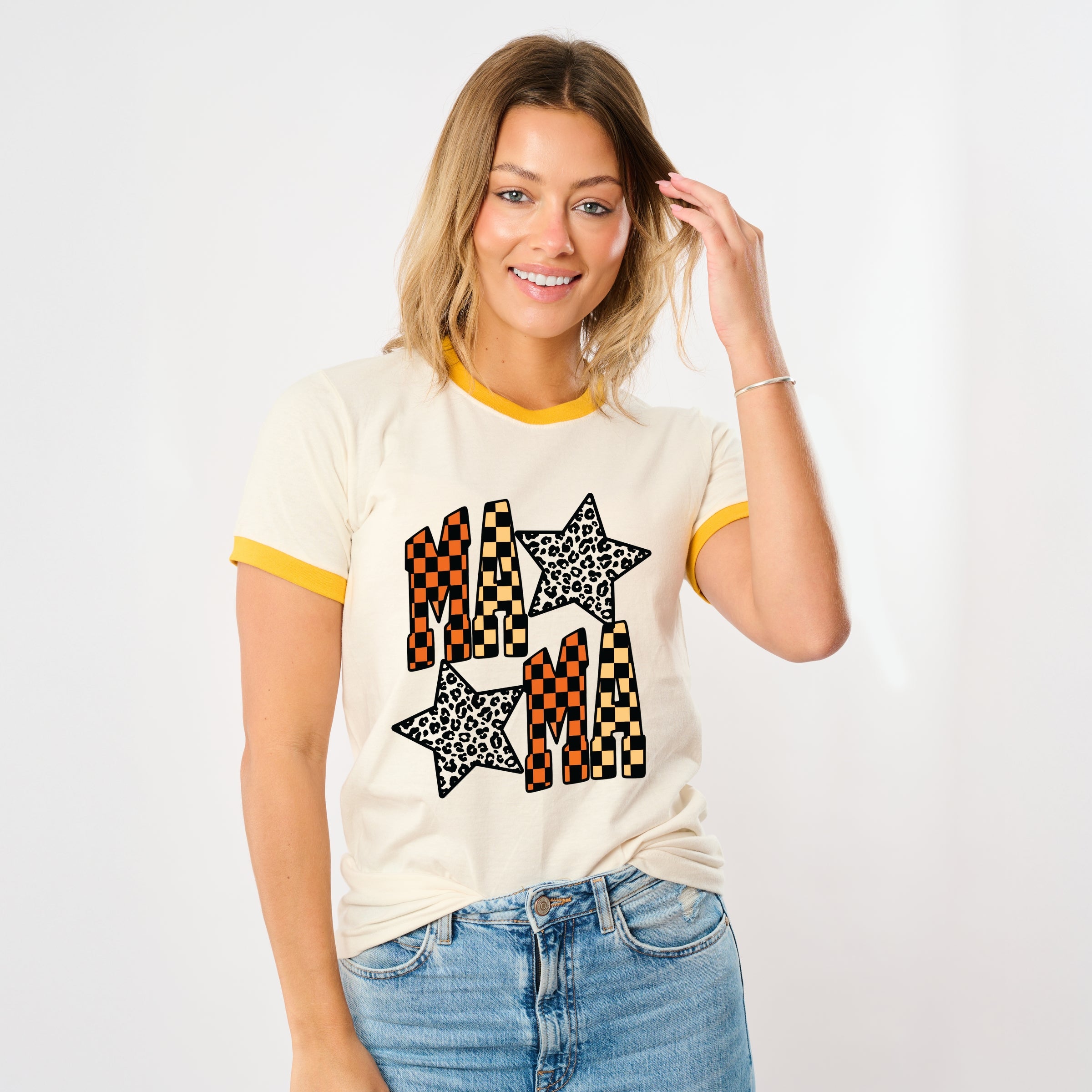 Checkered Mama Leopard Stars - Womens Ringer Tee