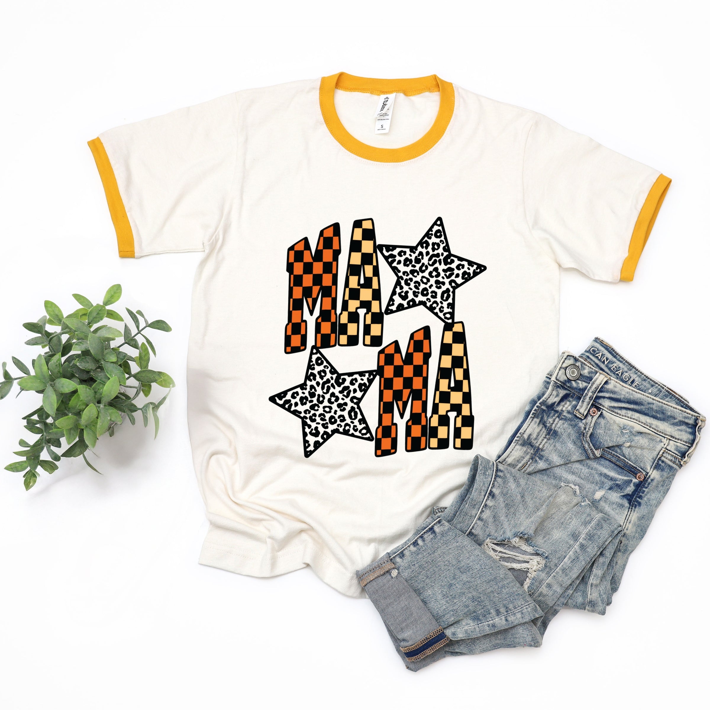 Checkered Mama Leopard Stars - Womens Ringer Tee