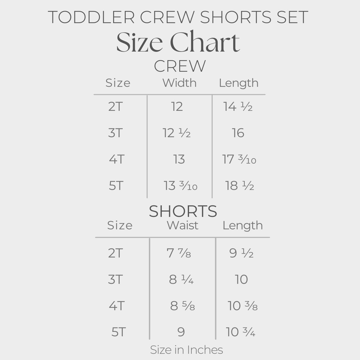 Toddler Crew Shorts Set - size guide