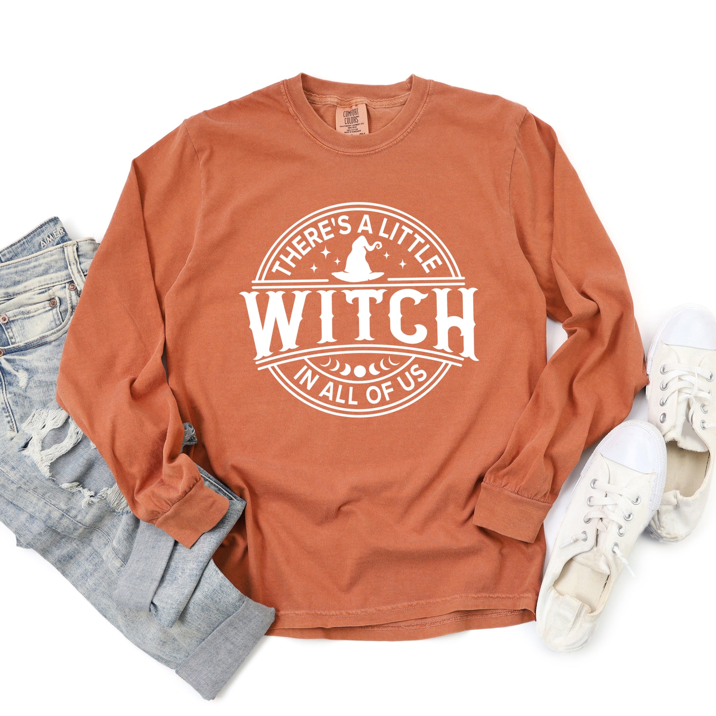 A Little Witch In All Of Us - Womens Garment Dyed Long Sleeve Graphic T-Shirt