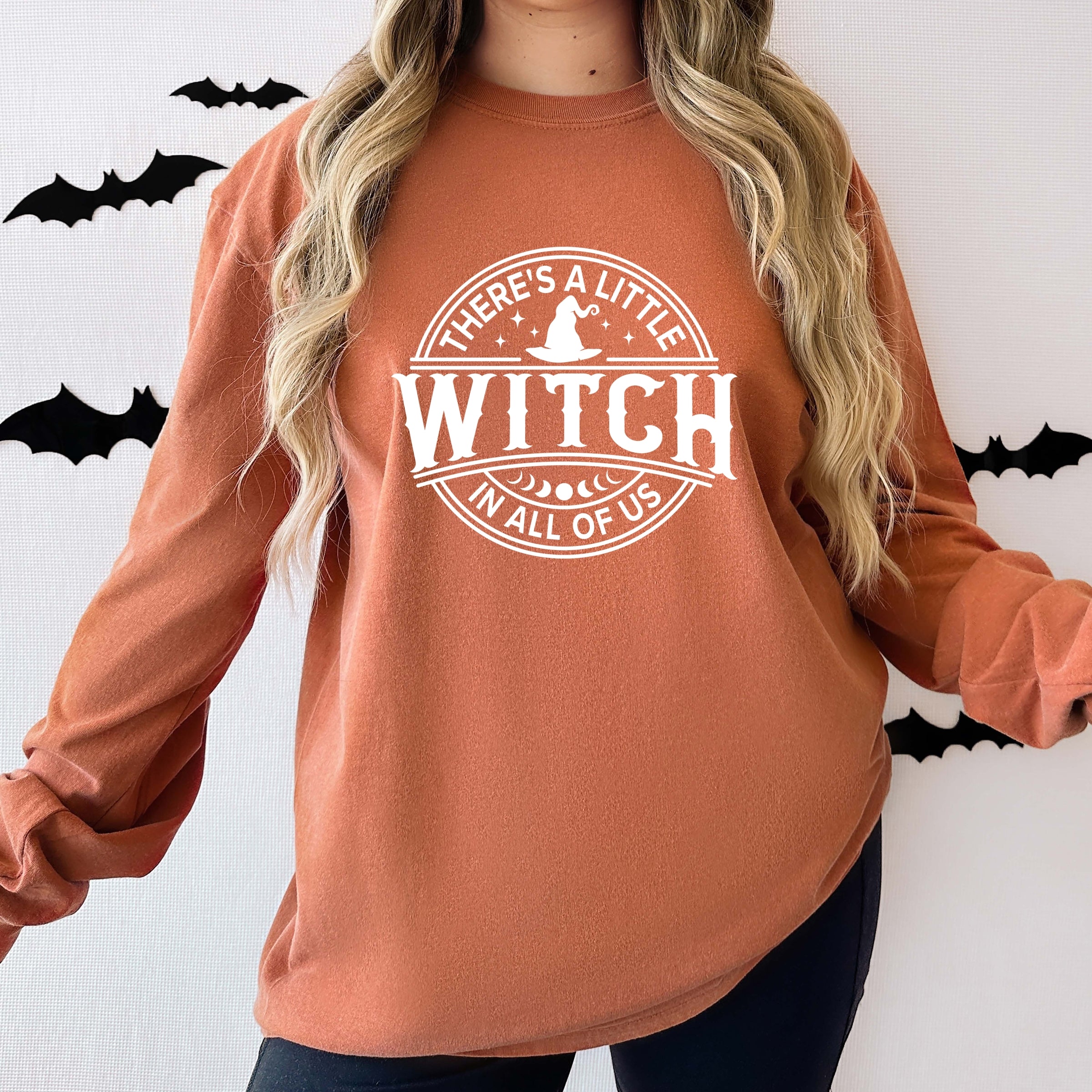 A Little Witch In All Of Us - Womens Garment Dyed Long Sleeve Graphic T-Shirt