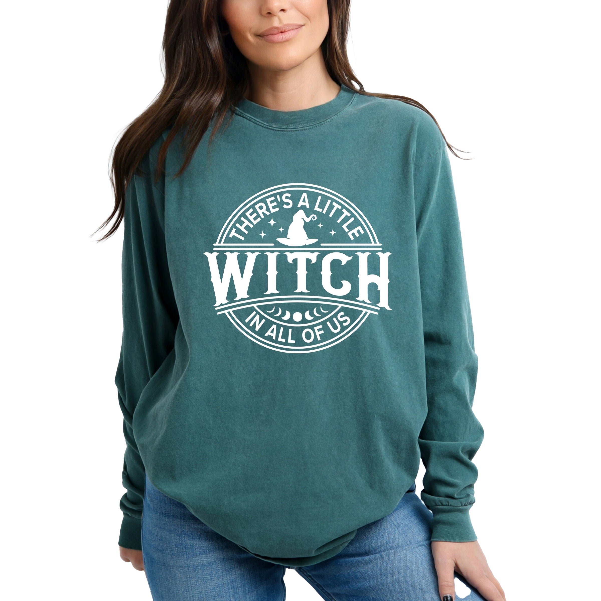 A Little Witch In All Of Us - Womens Garment Dyed Long Sleeve Graphic T-Shirt