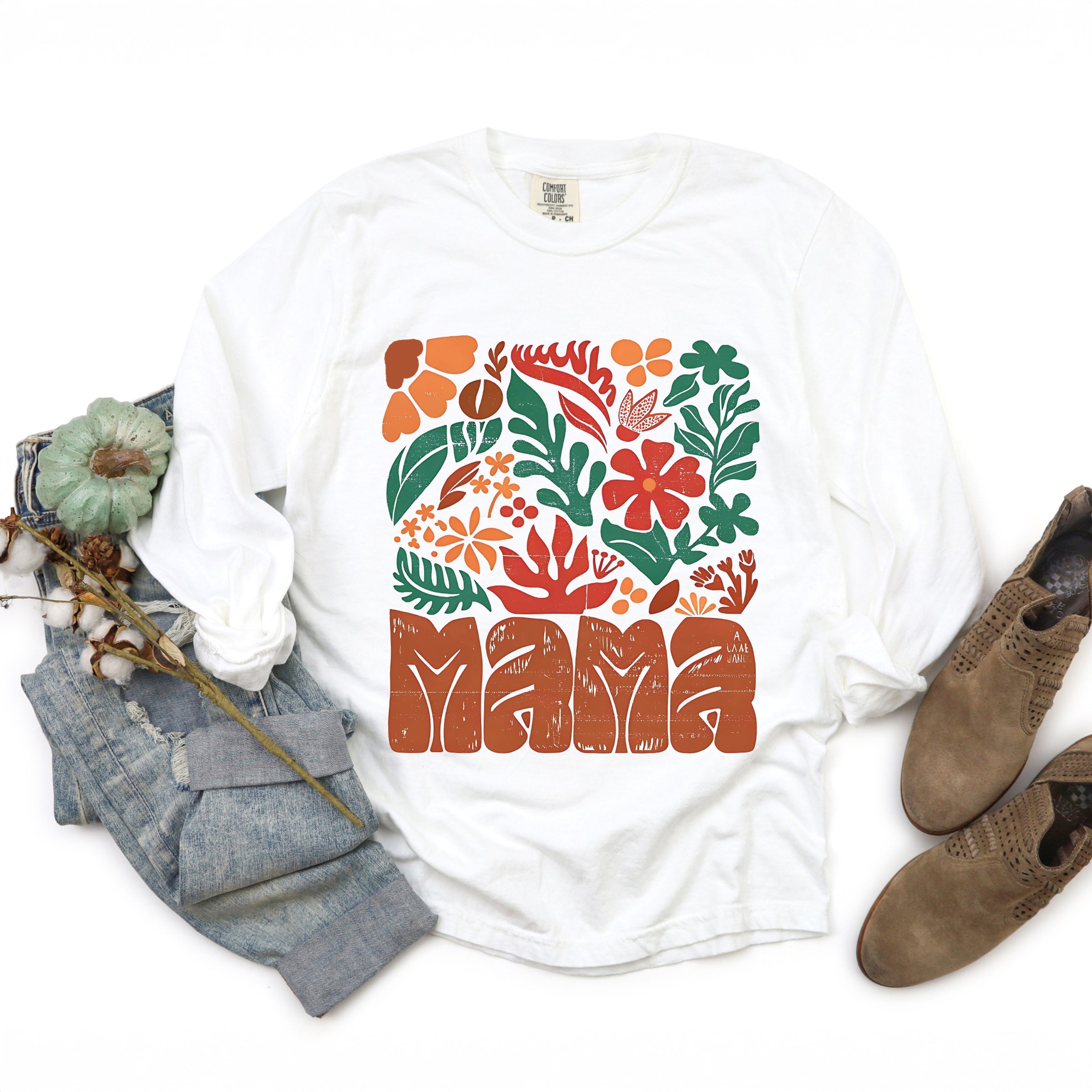 Mama Fall Floral - Women's Garment Dyed Long Sleeve Graphic T-Shirt