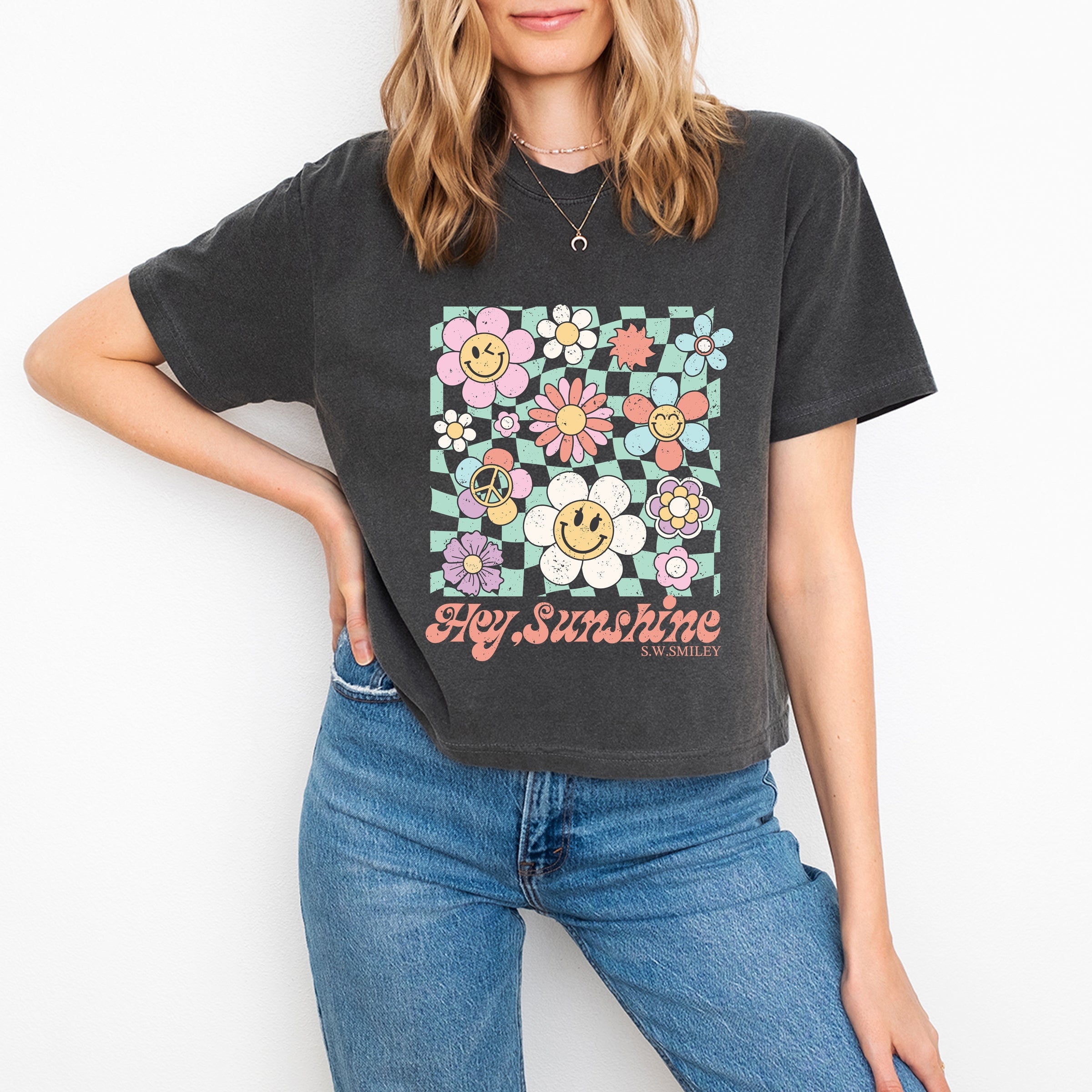 S.W.Smiley Hey Sunshine Flowers - Womens Boxy Crop Top