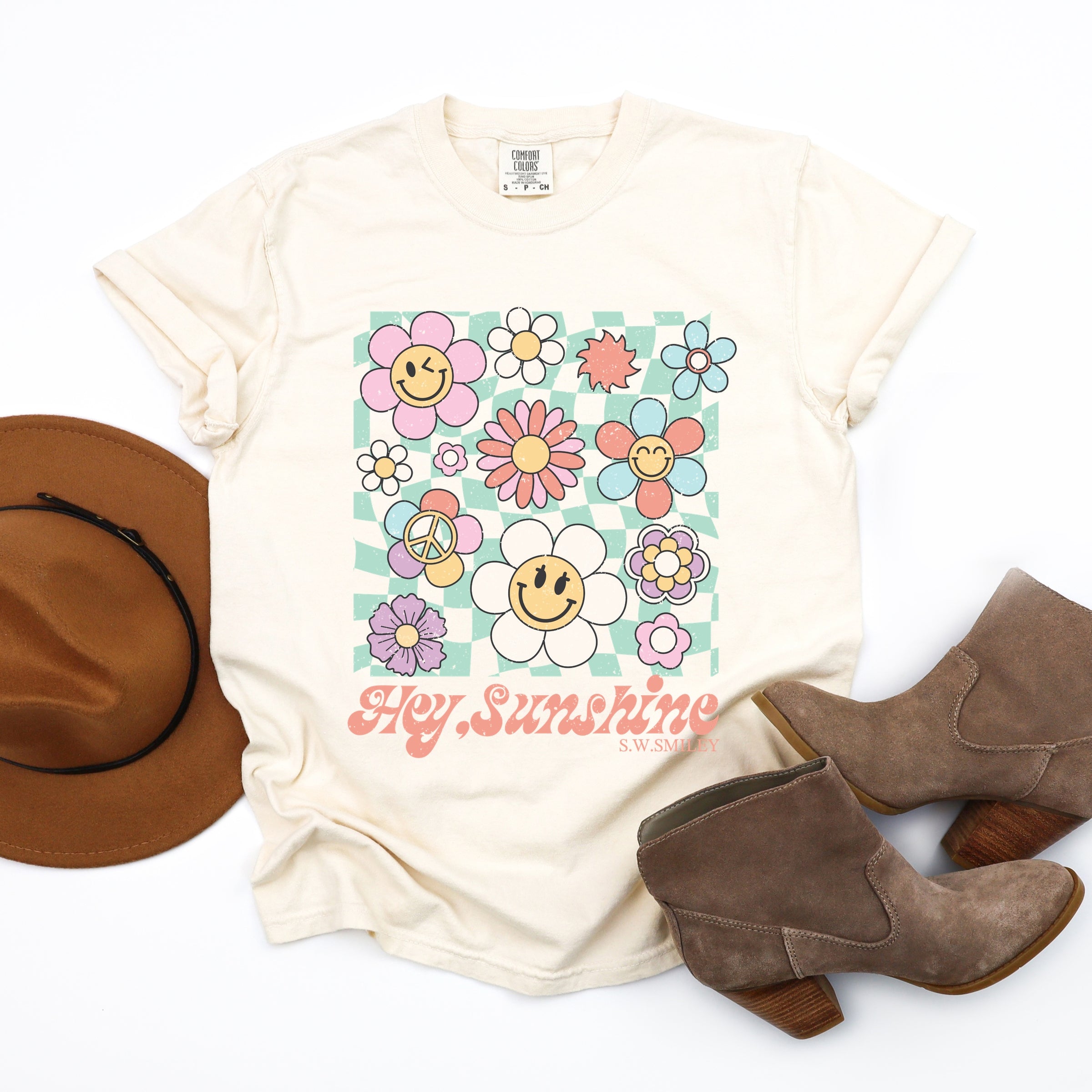 S.W.Smiley Hey Sunshine Flowers - Womens Garment Dyed Tee