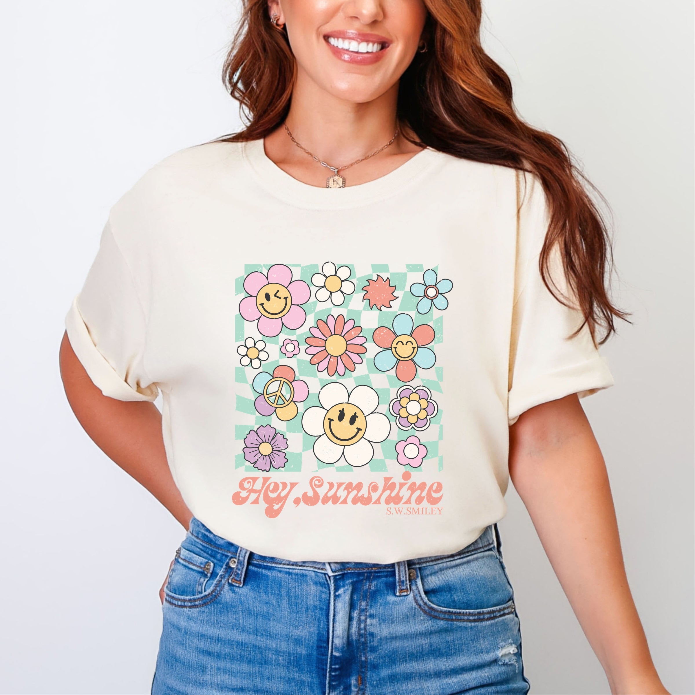 S.W.Smiley Hey Sunshine Flowers - Womens Garment Dyed Tee