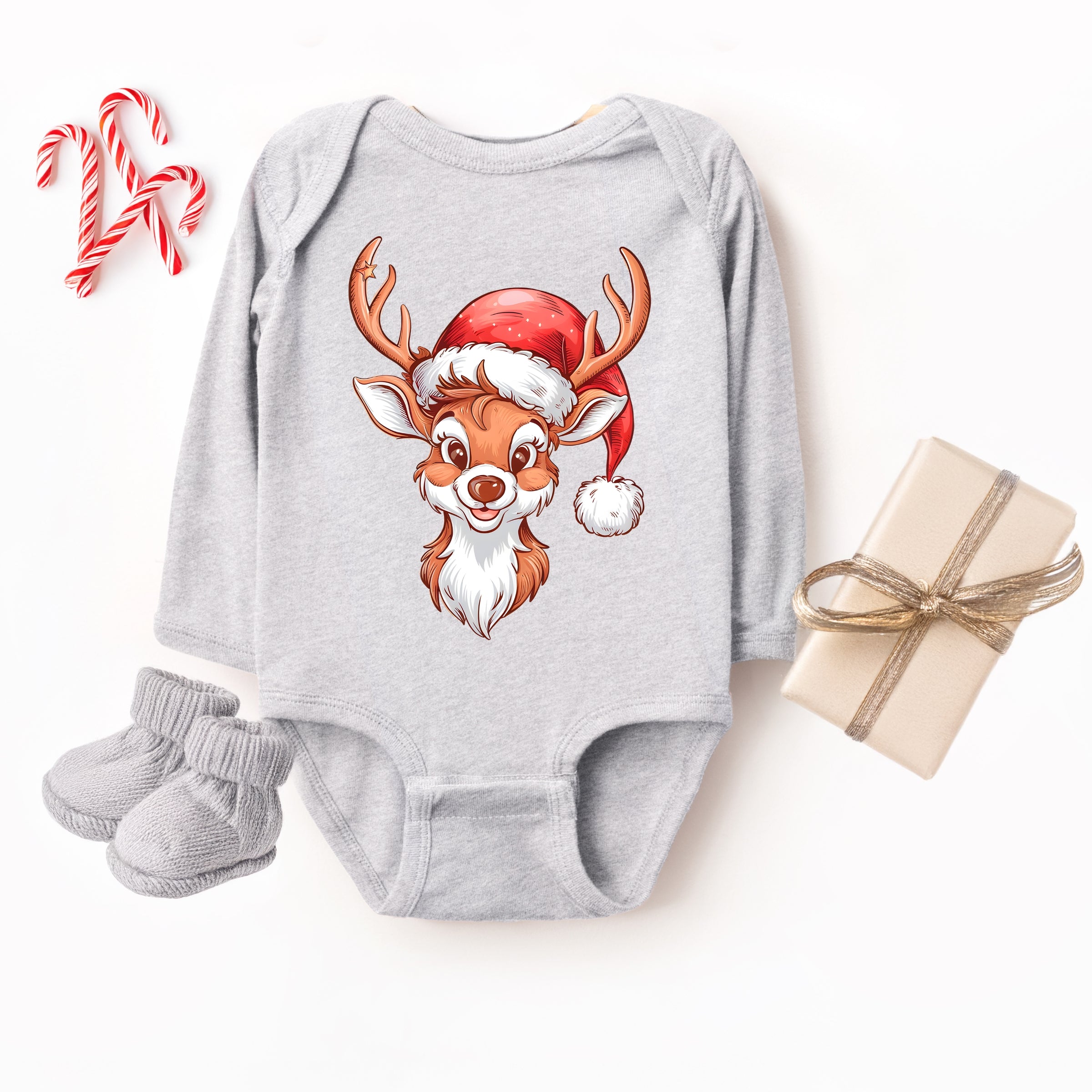 Cute Reindeer Head - Baby Long Sleeve Bodysuit