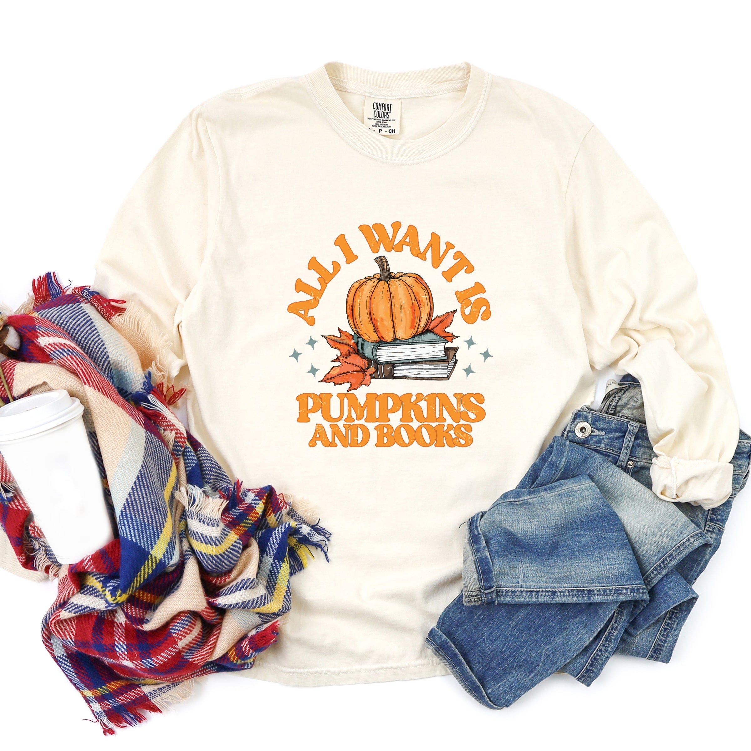 All I Want Is Pumpkins And Books - Women's Garment Dyed Long Sleeve Graphic T-Shirt