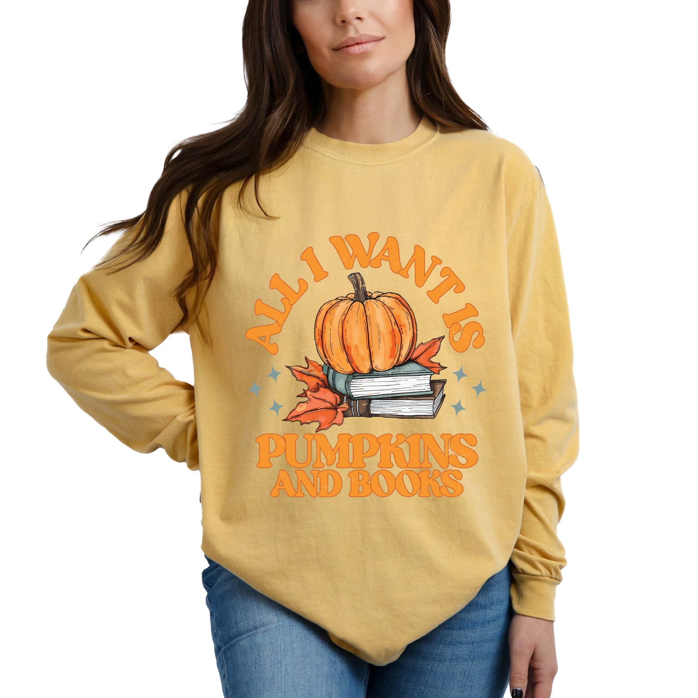 All I Want Is Pumpkins And Books - Women's Garment Dyed Long Sleeve Graphic T-Shirt