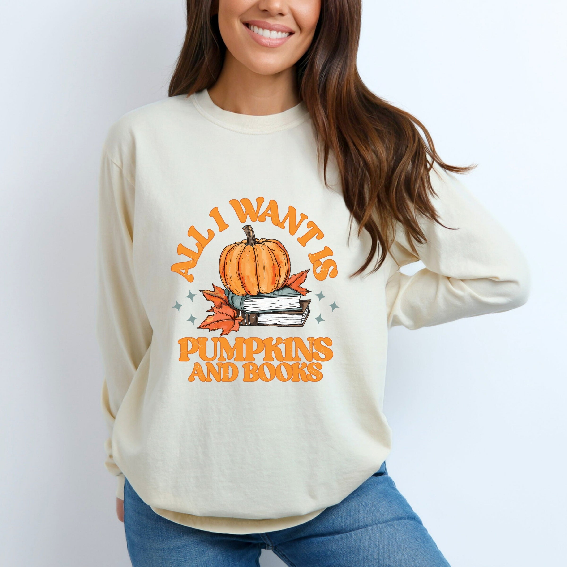 All I Want Is Pumpkins And Books - Women's Garment Dyed Long Sleeve Graphic T-Shirt