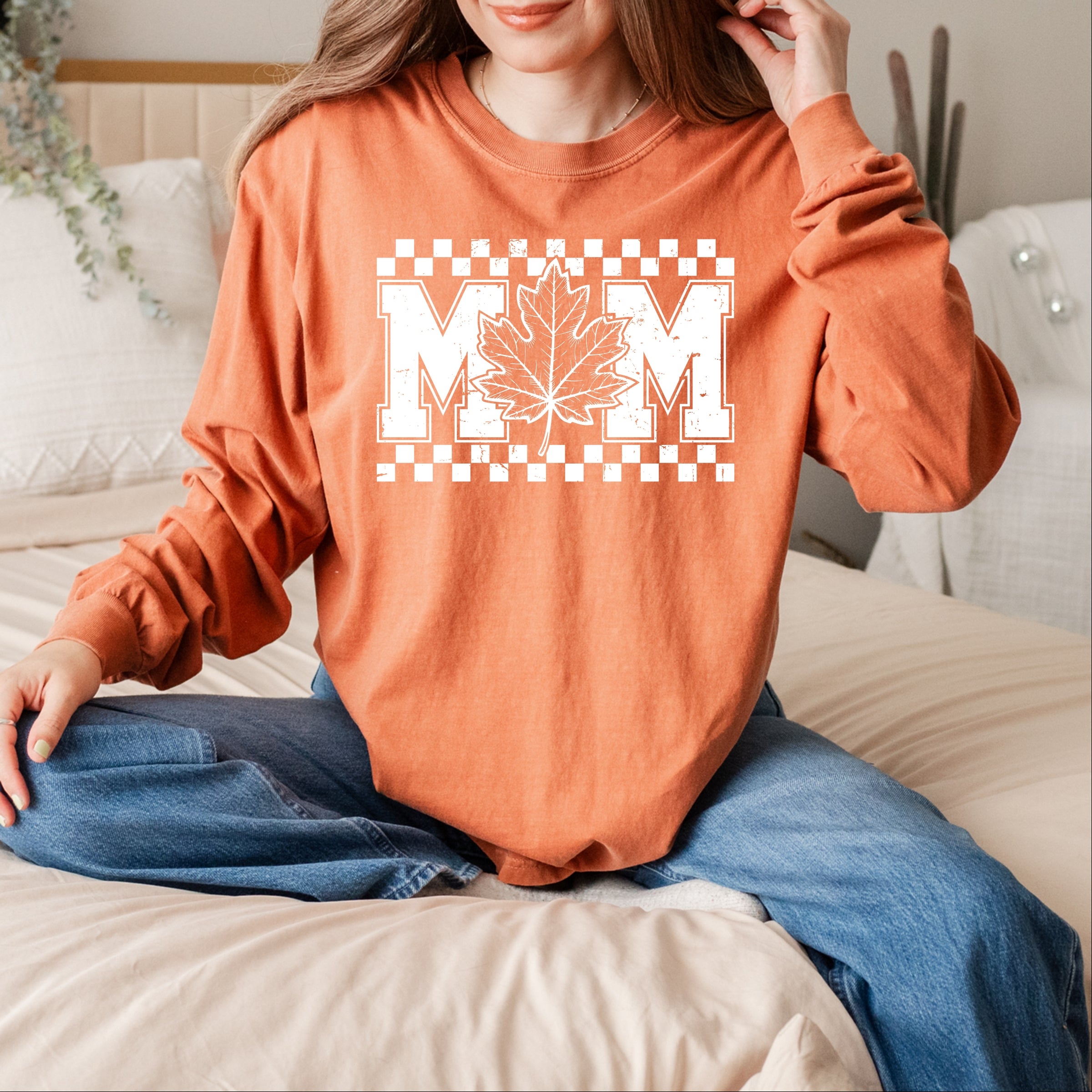 Mom Fall Leaf - Women's Garment Dyed Long Sleeve Graphic T-Shirt