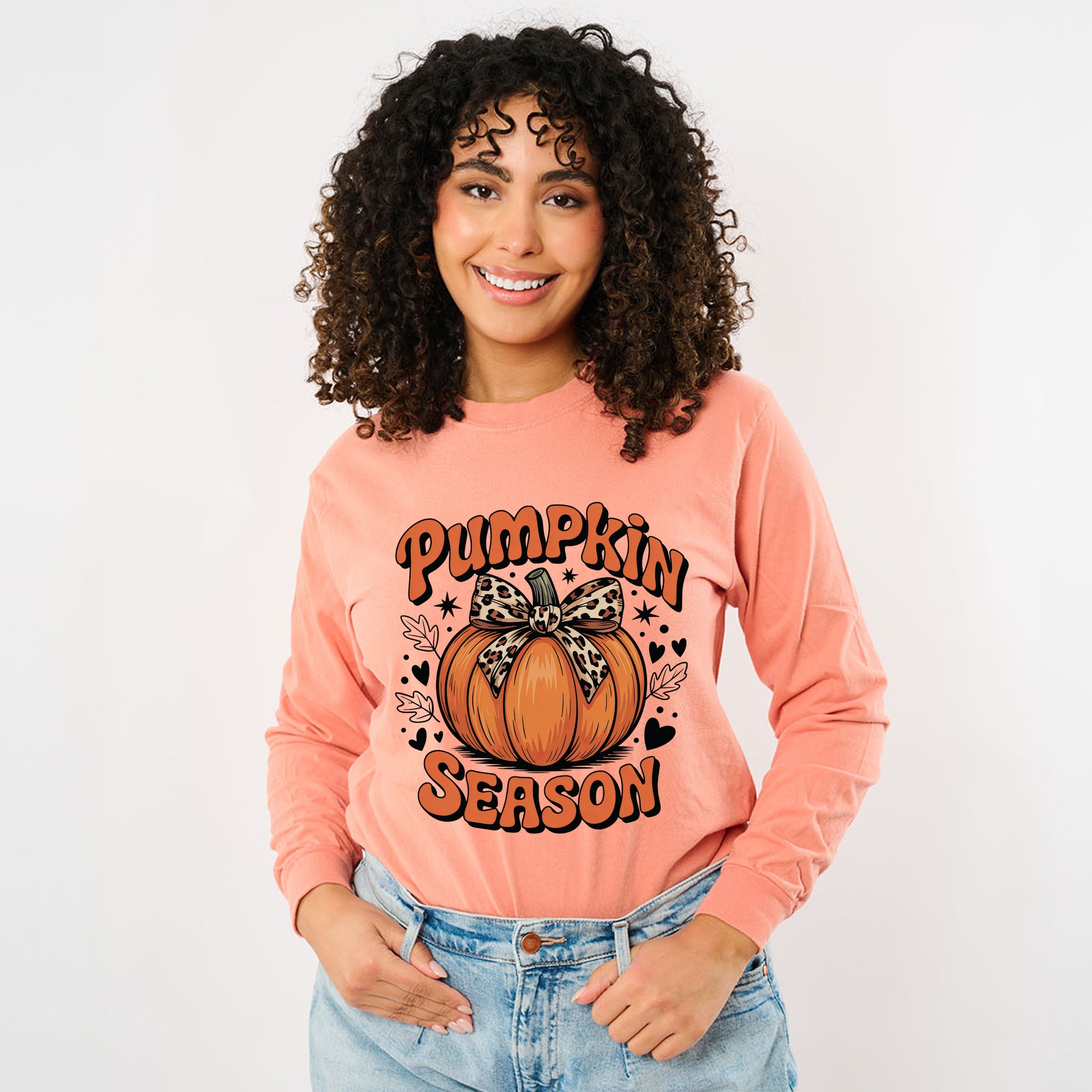 Coquette Pumpkin Season Leopard - Women's Garment Dyed Long Sleeve Graphic T-Shirt