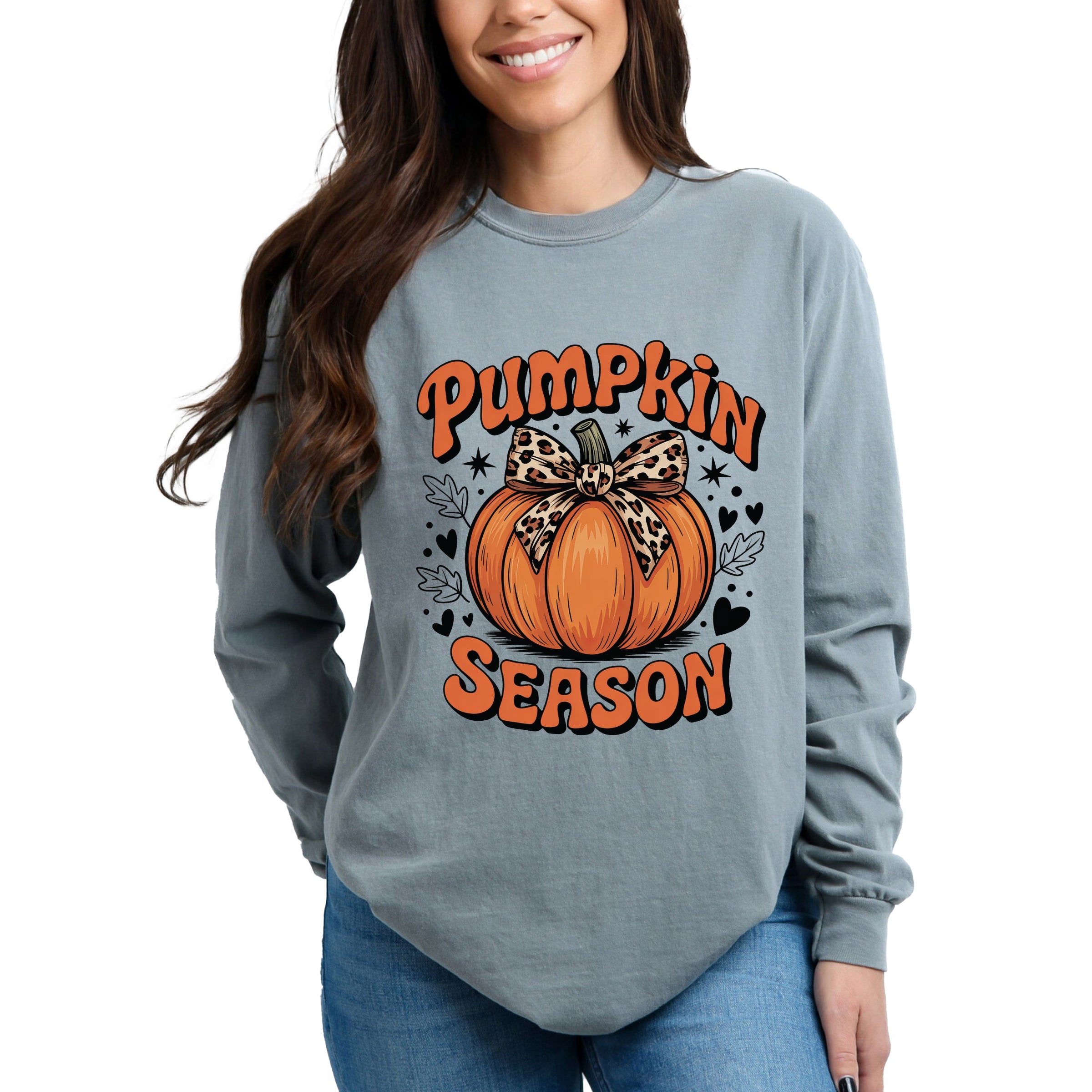 Coquette Pumpkin Season Leopard - Womens Garment Dyed Long Sleeve Graphic T-Shirt