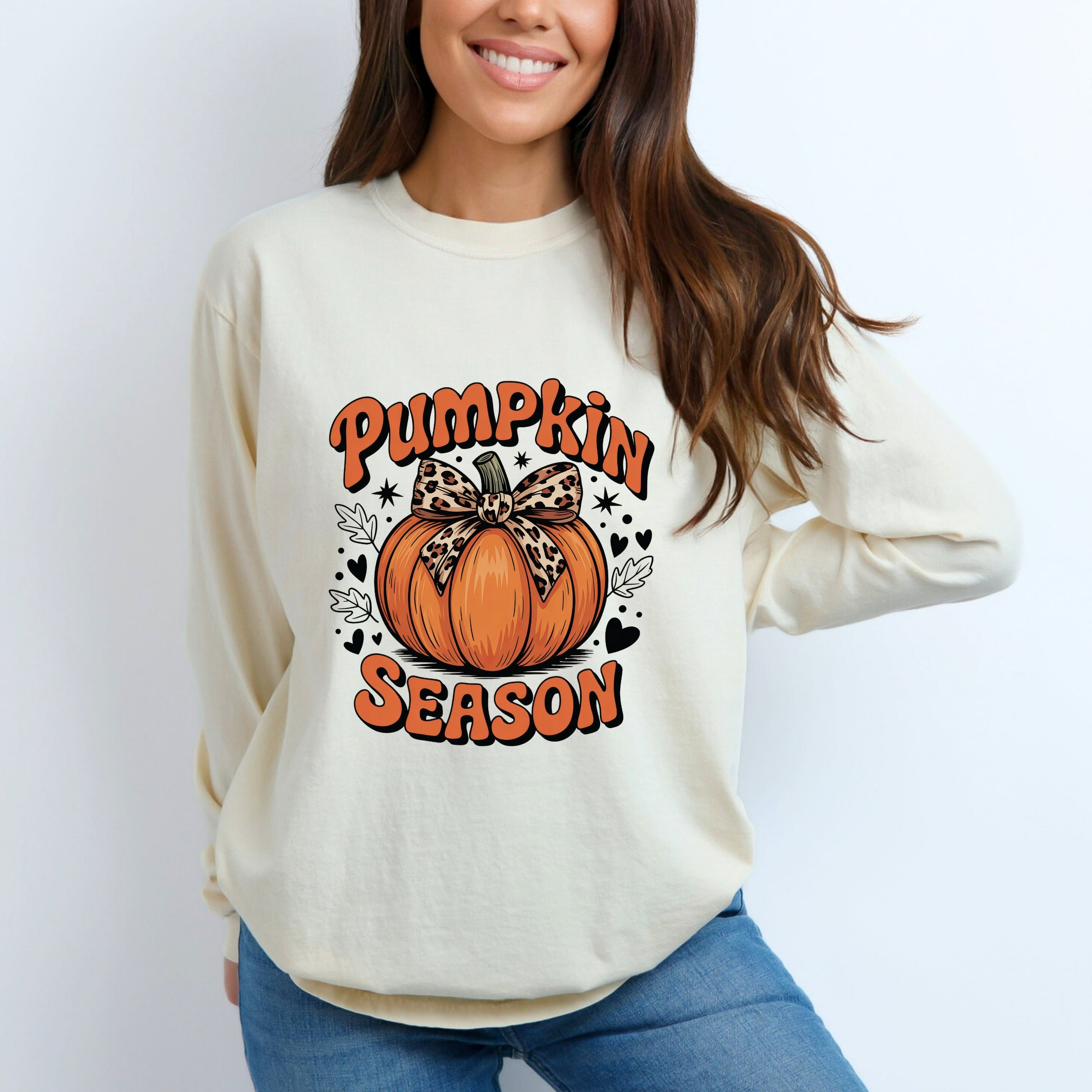 Coquette Pumpkin Season Leopard - Womens Garment Dyed Long Sleeve Graphic T-Shirt